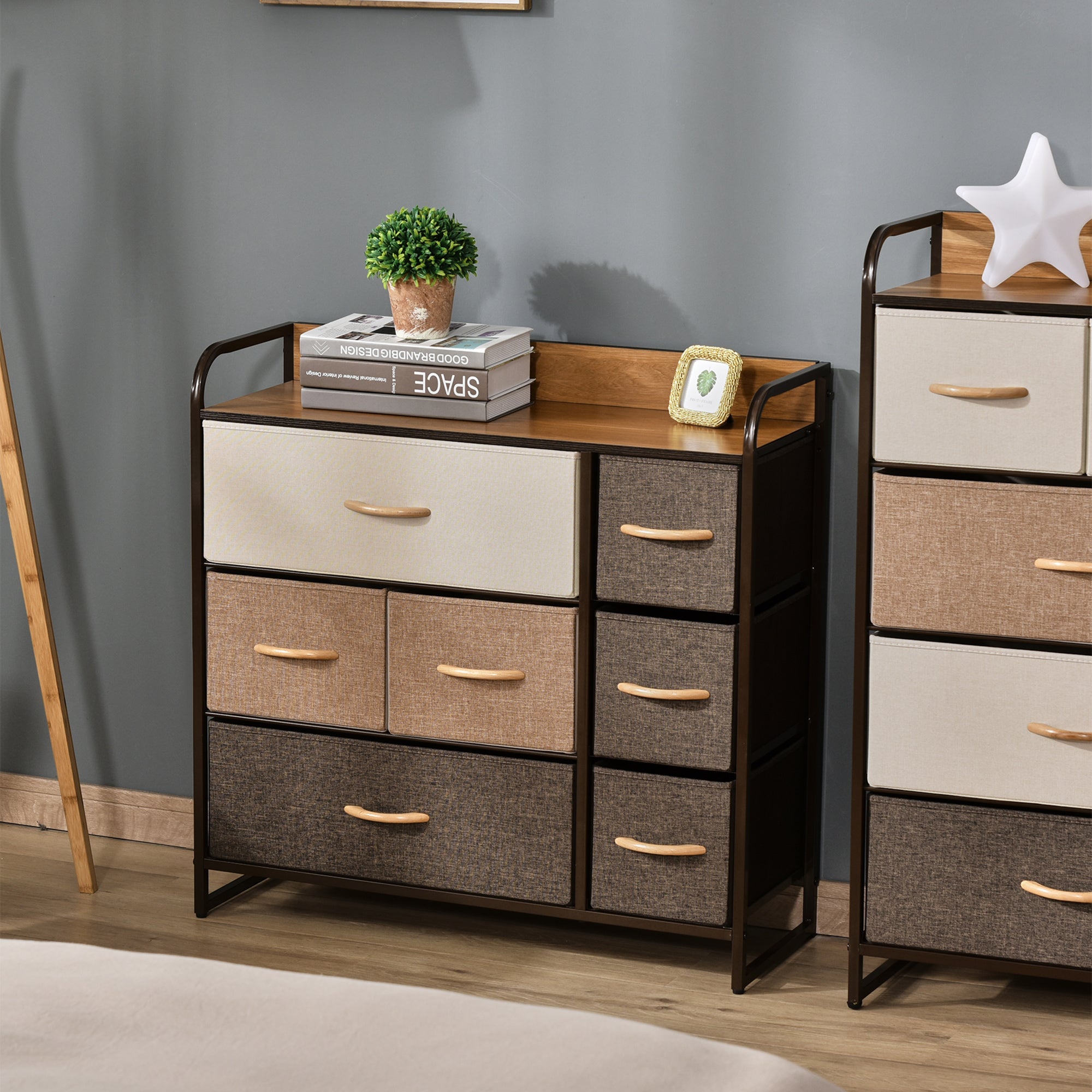 HOMCOM 7-Drawer Dresser, Fabric Chest of Drawers, 3-Tier Storage Tower with Steel Frame and Wooden Top for Bedroom, Nursery Room, Multicoloured