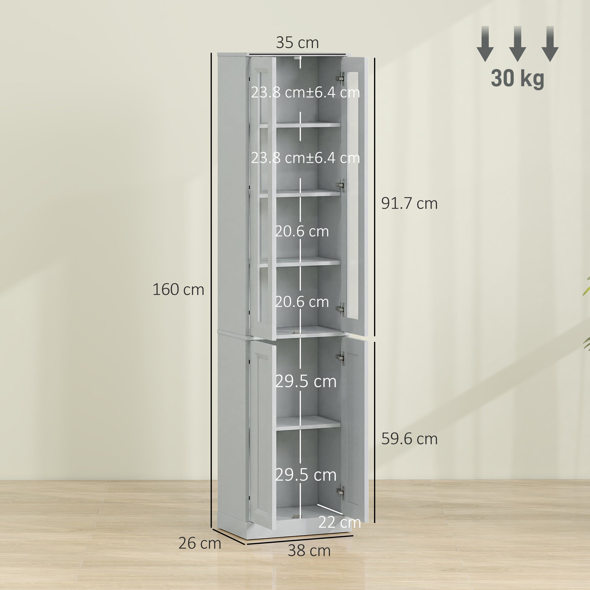 Tall Bathroom Storage Cabinet, 6-Tier Slim Freestanding Bathroom Cabinet with Adjustable Shelf, 4 Soft-Close Doors, Storage Unit for Small Space, 38 x 26 x 160 cm, Dusty Blue
