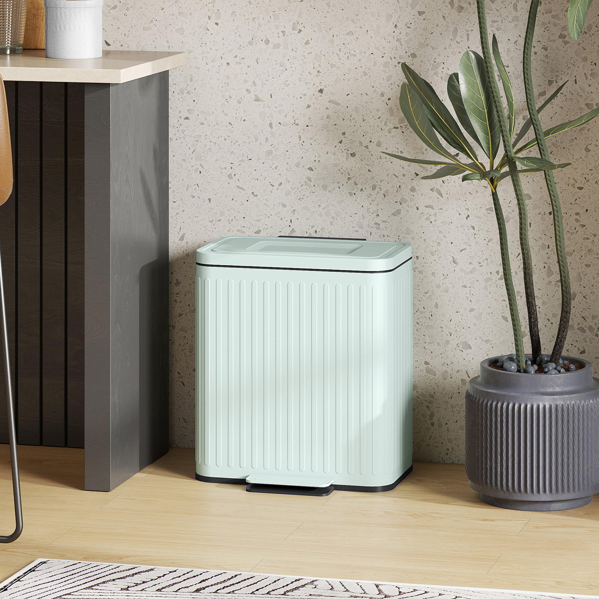 Trash Can with Lid, 2 x 5.3Gal Double Step-On Kitchen Trash Can with Rubbish Bags, Foot Pedal, Soft-Close Lid, Removable Buckets, Fingerprint-Proof Rubbish Bin for Kitchen, Office, Light Green
