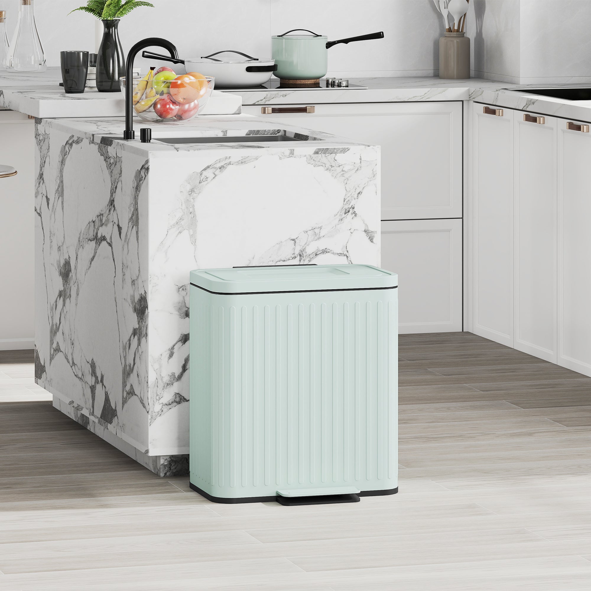 Trash Can with Lid, 2 x 5.3Gal Double Step-On Kitchen Trash Can with Rubbish Bags, Foot Pedal, Soft-Close Lid, Removable Buckets, Fingerprint-Proof Rubbish Bin for Kitchen, Office, Light Green