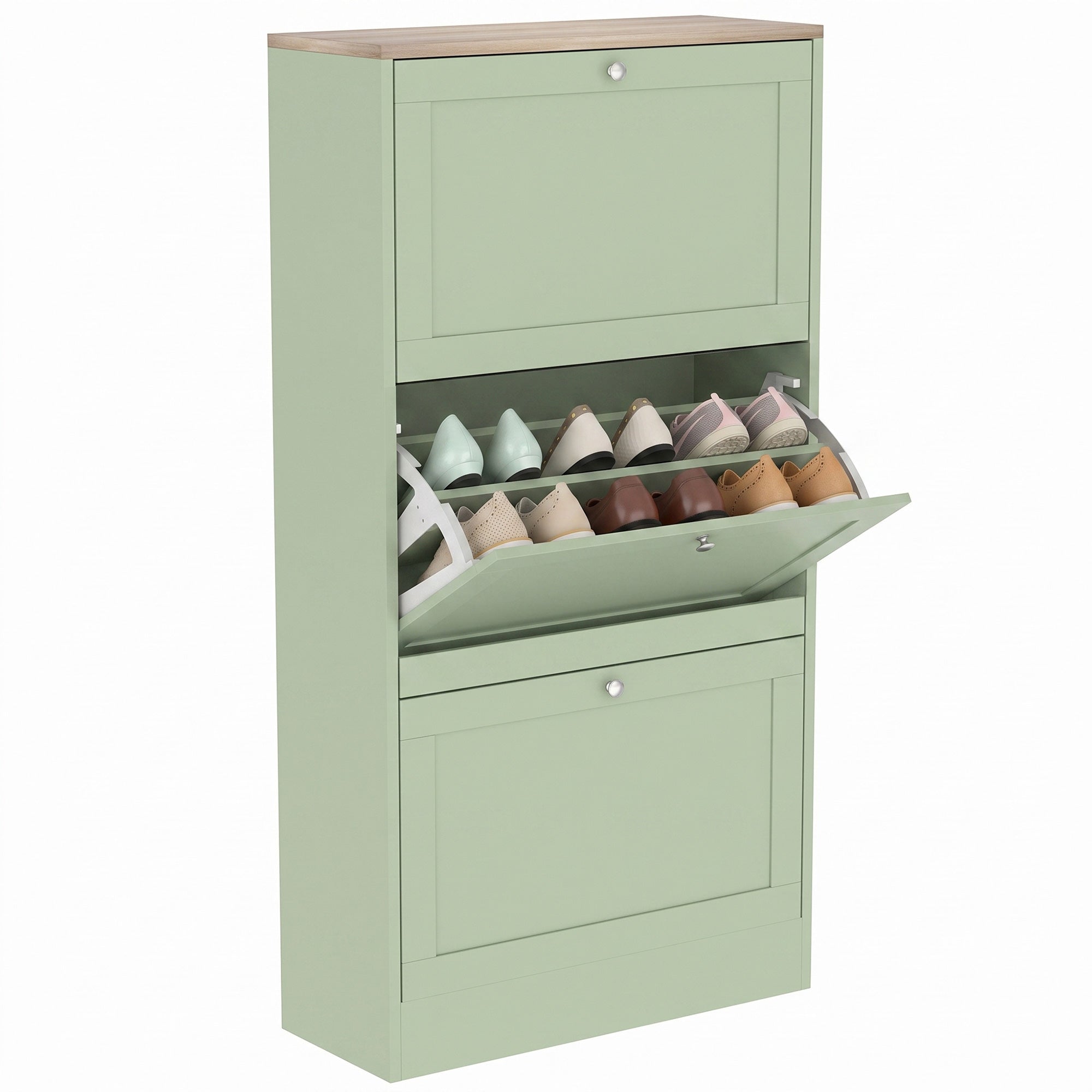 Modern Shoe Storage Cabinet with 3 Flip Drawers, Wooden Freestanding Shoe Cabinet with Adjustable Shelves, 12-18 Pairs, for Entryway, Hallway, Green