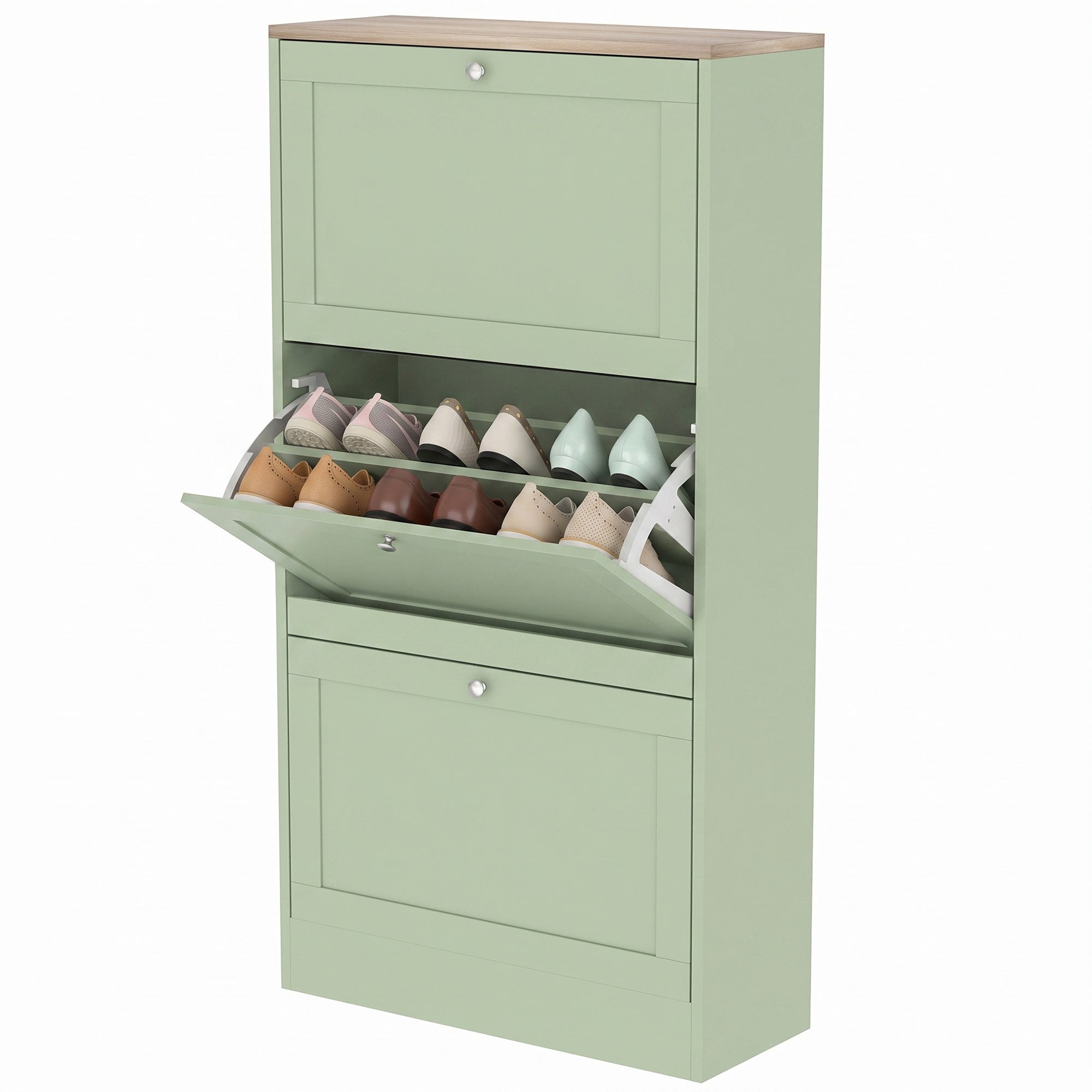 Modern Shoe Storage Cabinet with 3 Flip Drawers, Wooden Freestanding Shoe Cabinet with Adjustable Shelves, 12-18 Pairs, for Entryway, Hallway, Green
