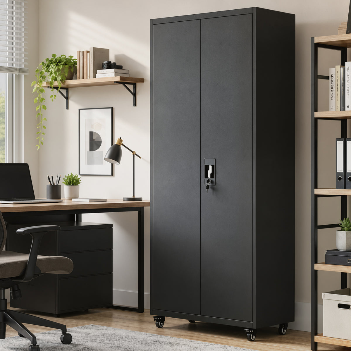 Metal Storage Cabinet, 71" Tall Lockable Steel Tool Cabinet with Removable Wheels, Rolling or Floor Standing Garage Storage Organizer with Adjustable Shelves for Workshop Home Office