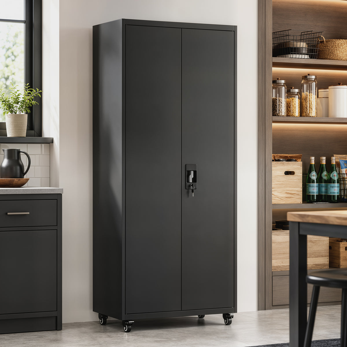 Metal Storage Cabinet, 71" Tall Lockable Steel Tool Cabinet with Removable Wheels, Rolling or Floor Standing Garage Storage Organizer with Adjustable Shelves for Workshop Home Office
