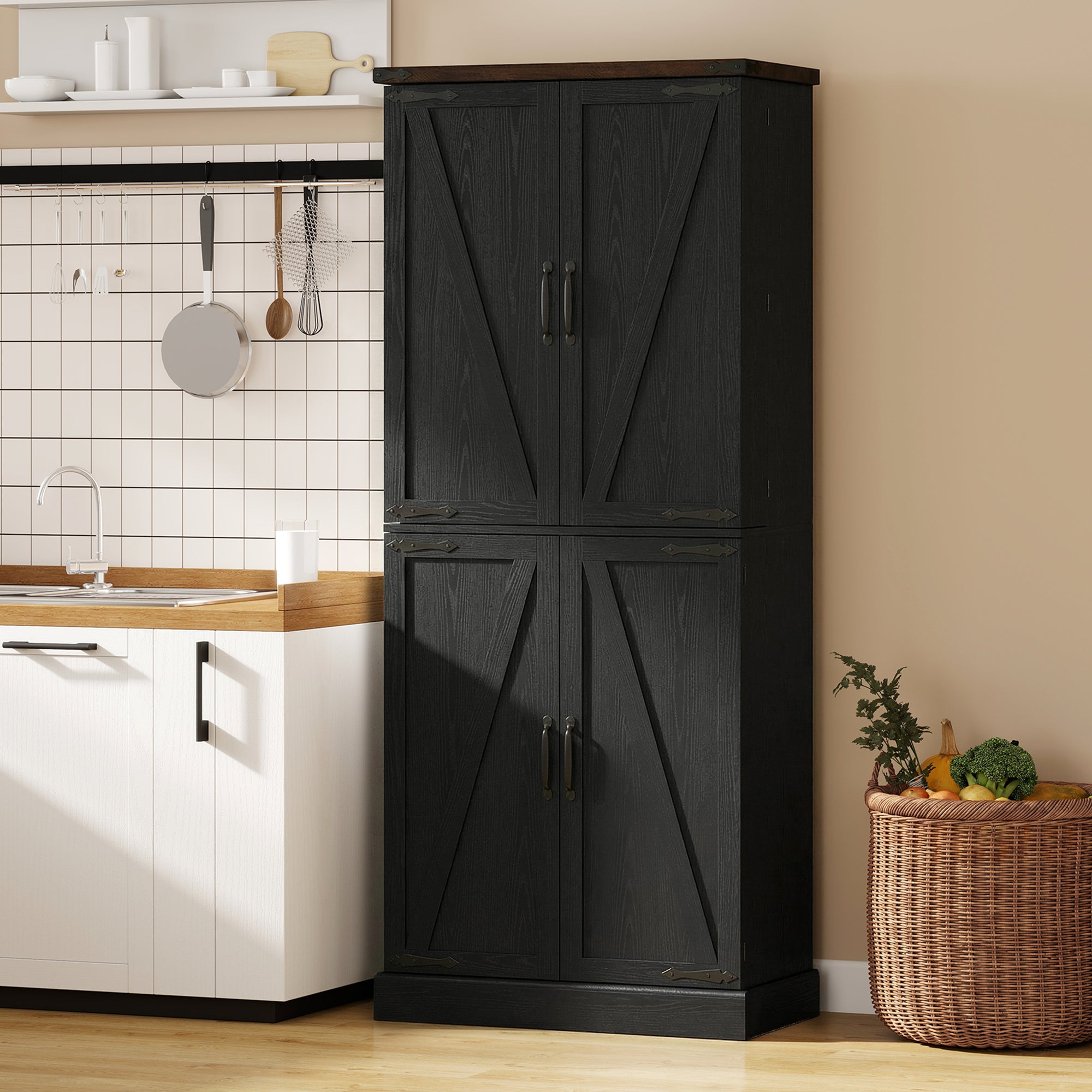 72" Tall Kitchen Pantry Cabinet, Farmhouse Storage Cabinet with 8 Door Racks and Drawer, Freestanding Food Pantry with Adjustable Shelves and Barn Doors, Black