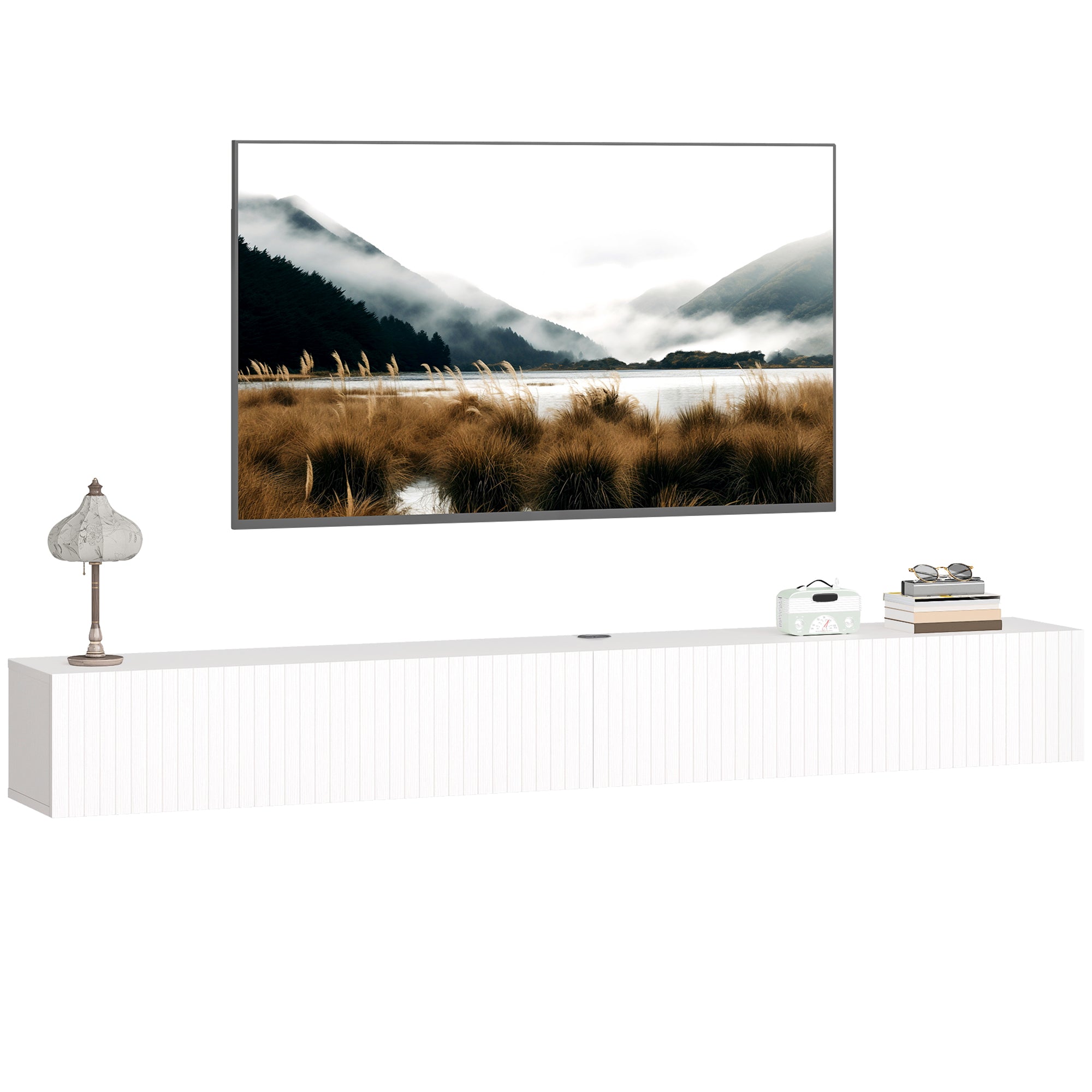 Floating TV Unit for Television up to 72 Inch, 180cm Wall Mount TV Stand Cabinet with Fluted Flip-Down Doors, Cable Management Hole, Entertainment Media Console for Living Room, Bedroom, White