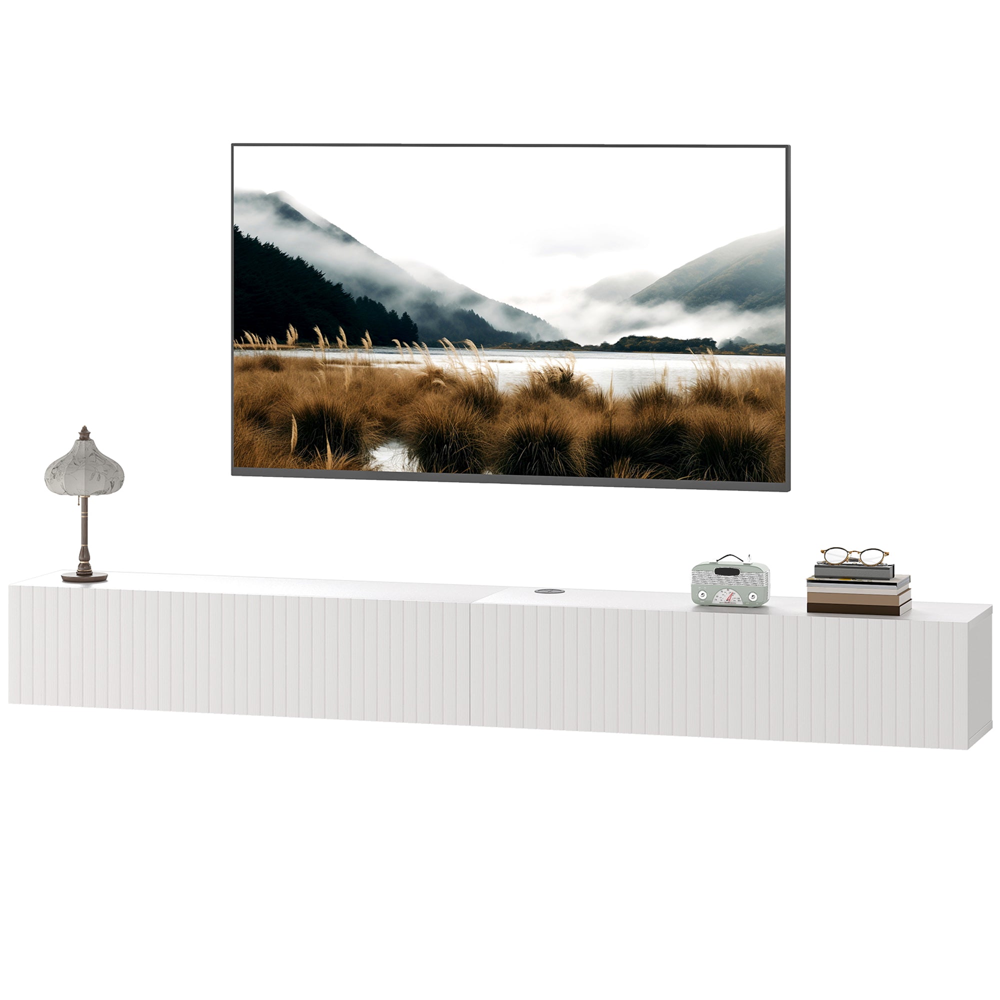 Floating TV Unit for Television up to 72 Inch, 180cm Wall Mount TV Stand Cabinet with Fluted Flip-Down Doors, Cable Management Hole, Entertainment Media Console for Living Room, Bedroom, White