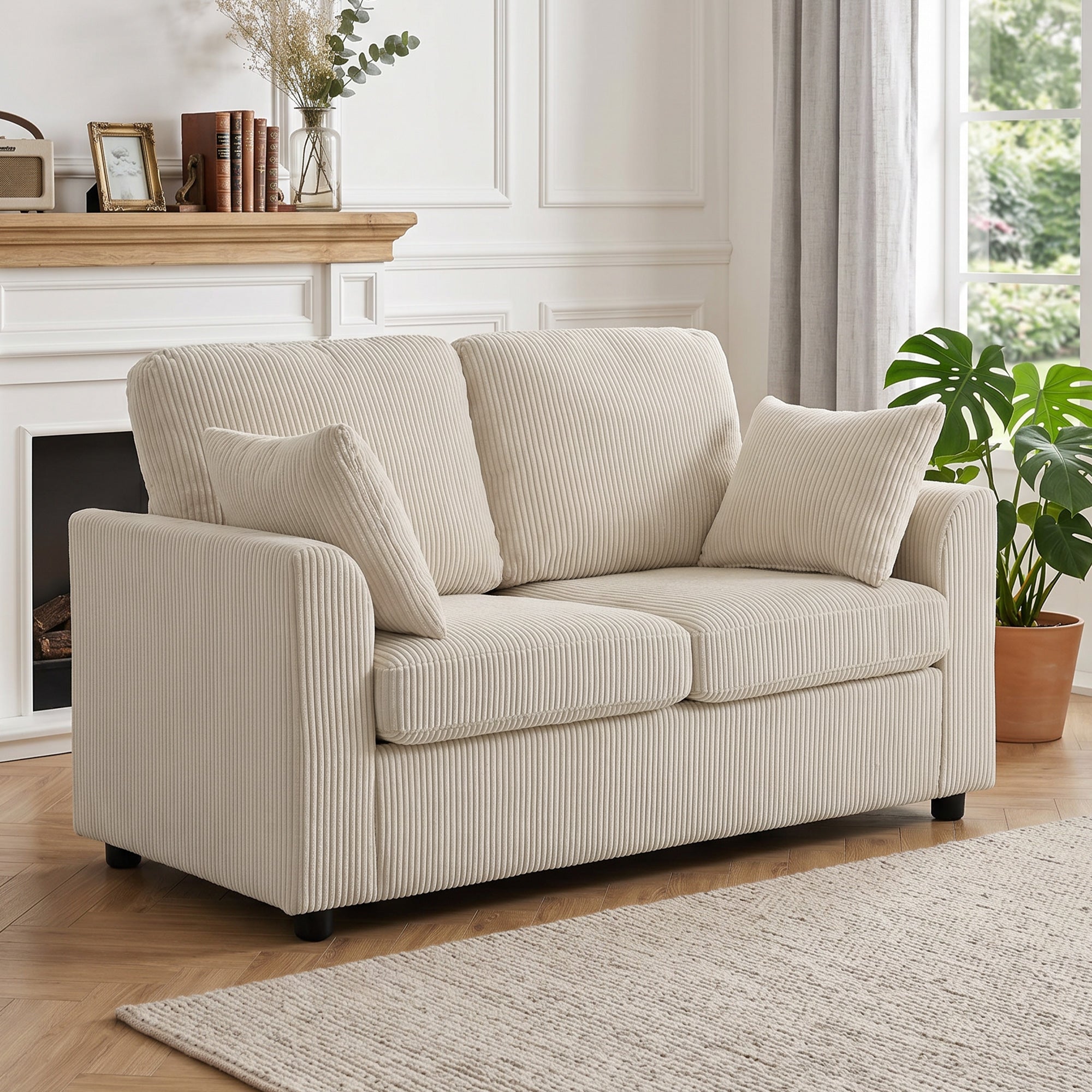 2 Seater Sofa, 144cm Corduroy Small Couch with Spring Cushion, Wide and Deep Seat, Plush Backrest, 2 Pillows, Loveseat Sofa Settee for Small Space, Living Room, Bedroom, Home Office, Beige