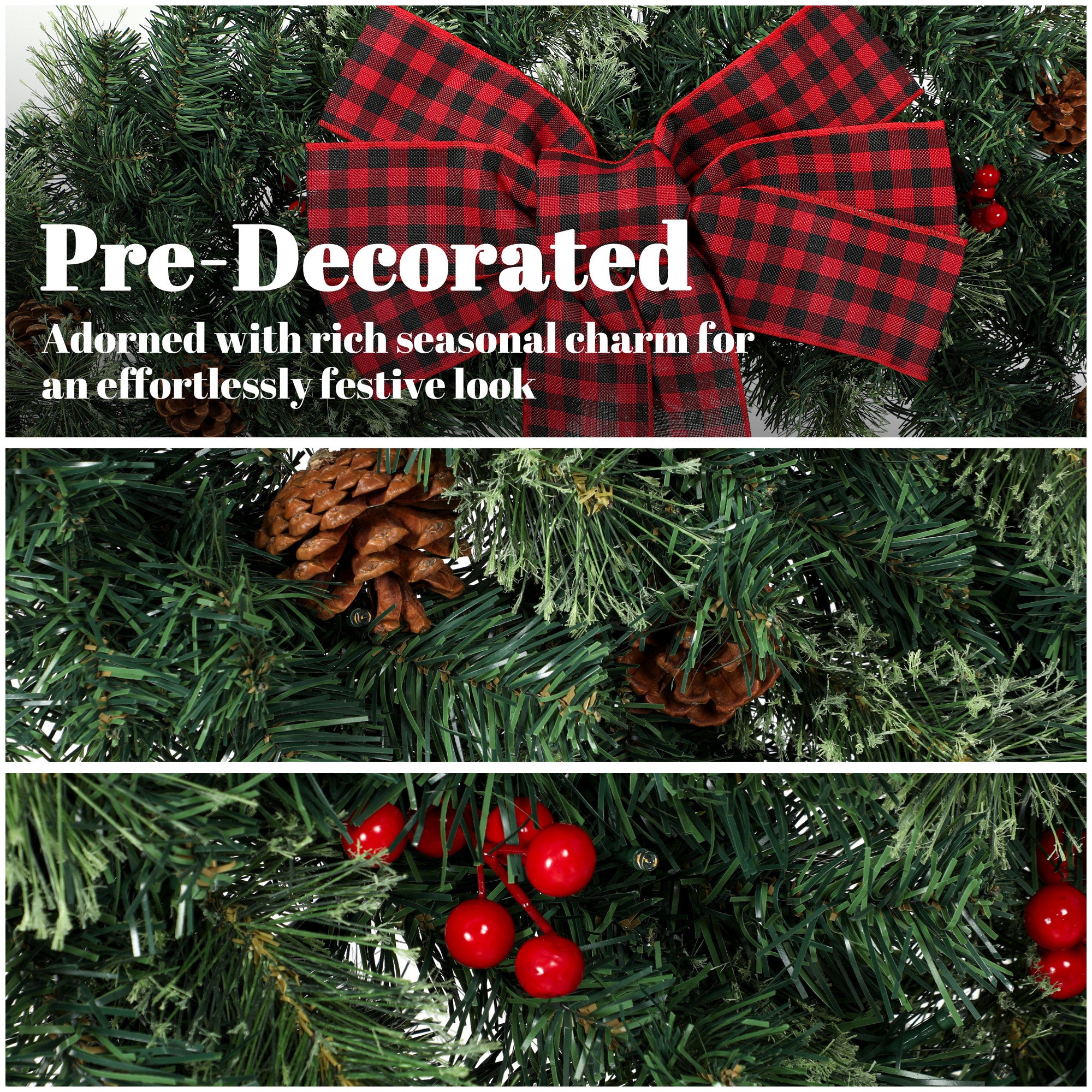 48 in Pre-Lit Crestwood Spruce Artificial Christmas Wreath, Christmas Decoration with Bow, 150 LED Lights, 500 Tips, 8 Modes, Red Berries, Pinecones for Door, Indoor Covered Outdoor, Green
