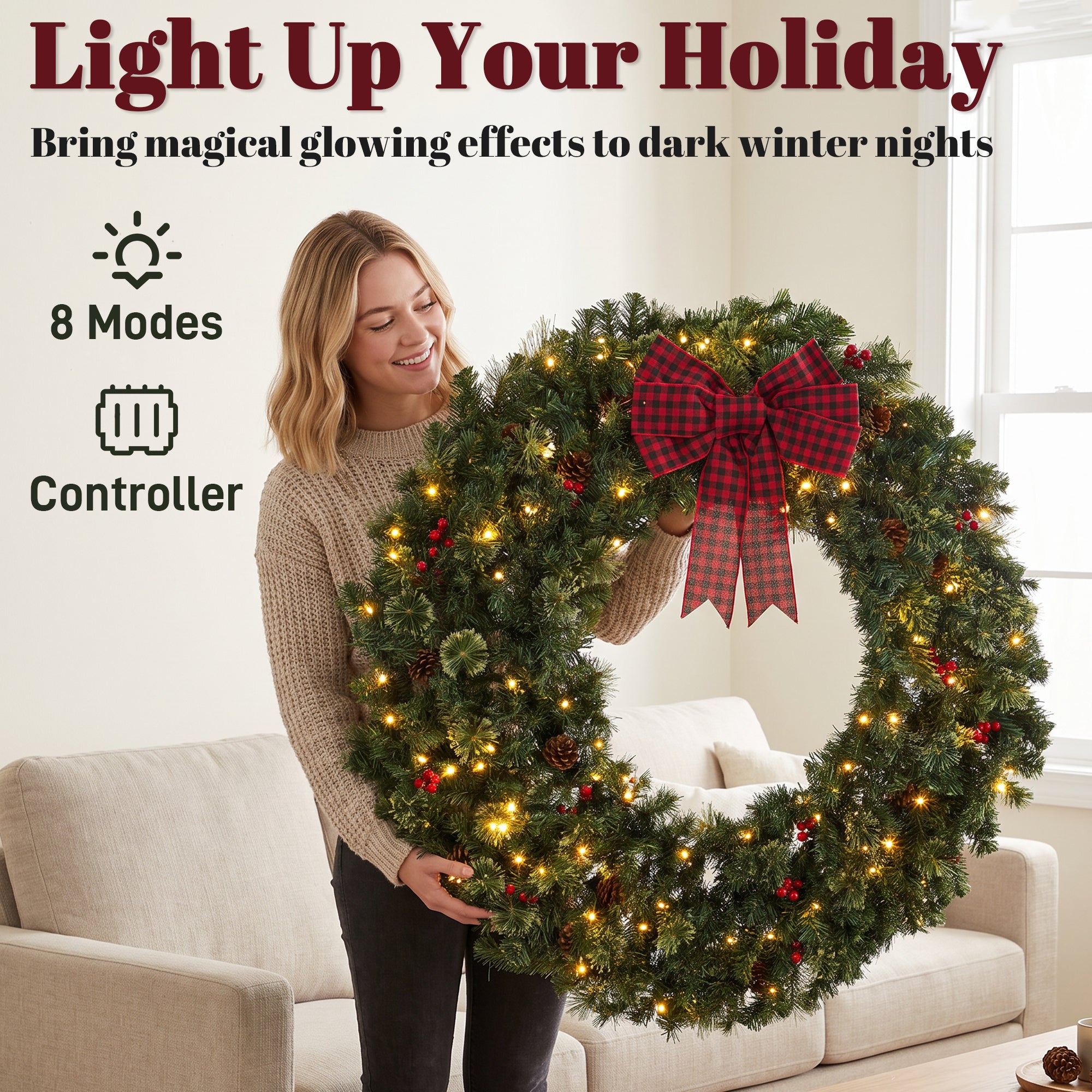48 in Pre-Lit Crestwood Spruce Artificial Christmas Wreath, Christmas Decoration with Bow, 150 LED Lights, 500 Tips, 8 Modes, Red Berries, Pinecones for Door, Indoor Covered Outdoor, Green