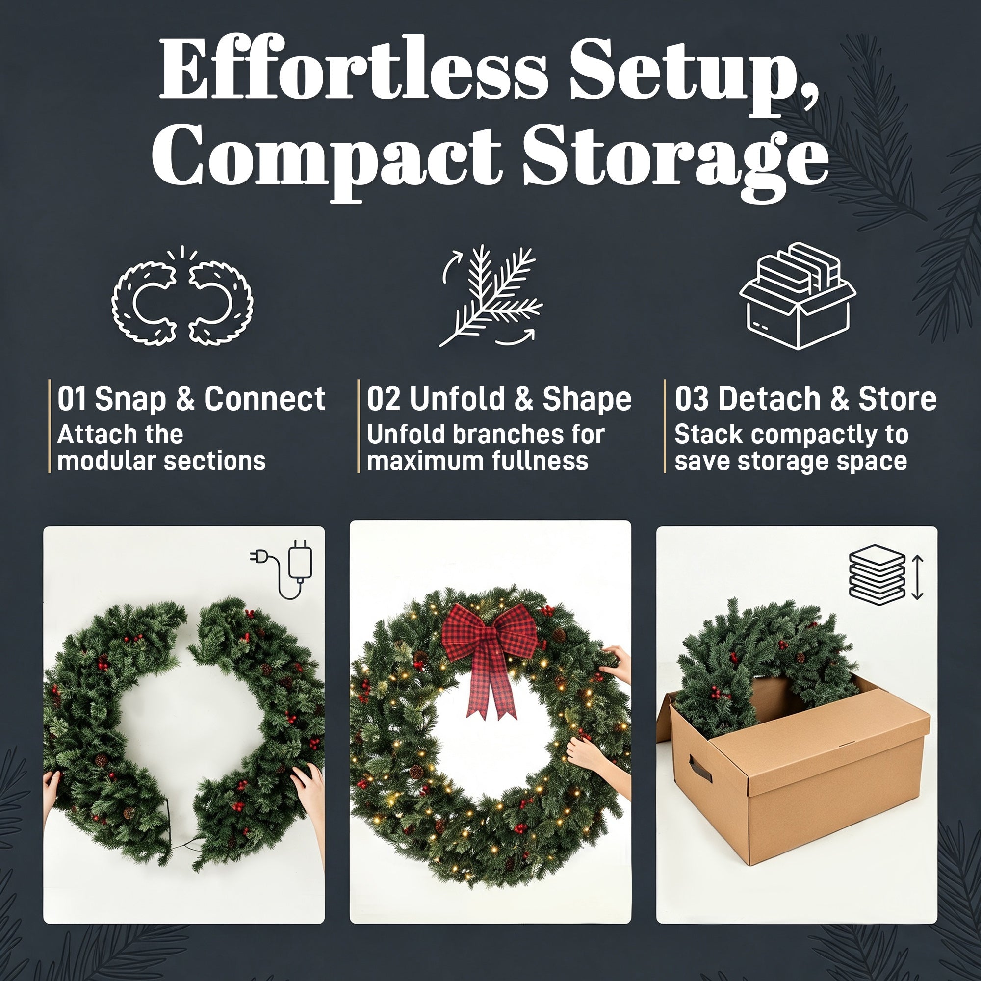48 in Pre-Lit Crestwood Spruce Artificial Christmas Wreath, Christmas Decoration with Bow, 150 LED Lights, 500 Tips, 8 Modes, Red Berries, Pinecones for Door, Indoor Covered Outdoor, Green