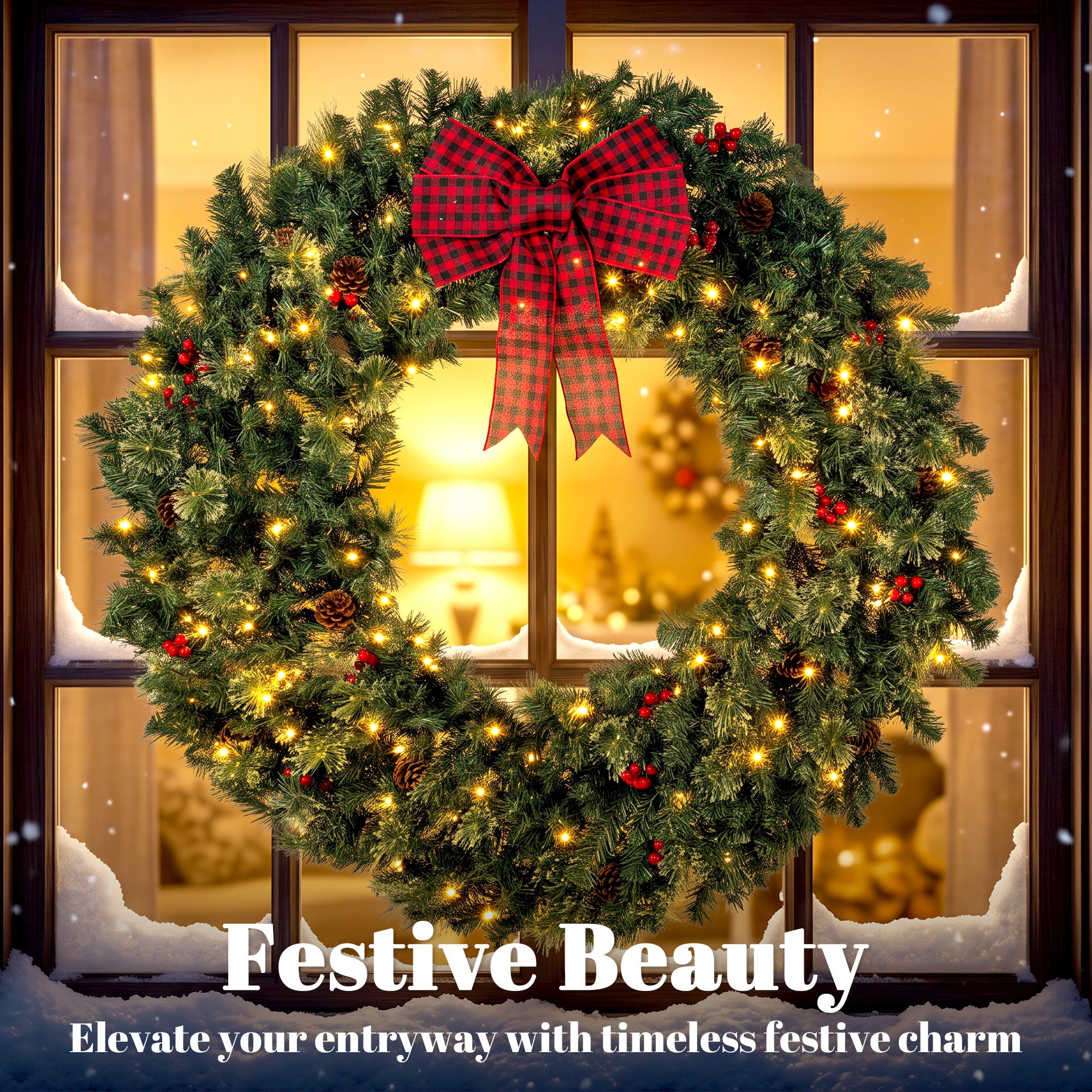 48 in Pre-Lit Crestwood Spruce Artificial Christmas Wreath, Christmas Decoration with Bow, 150 LED Lights, 500 Tips, 8 Modes, Red Berries, Pinecones for Door, Indoor Covered Outdoor, Green