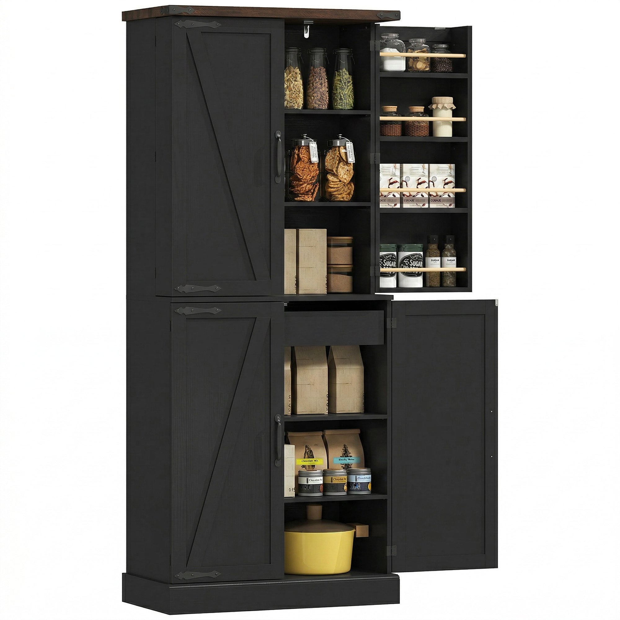 72" Tall Kitchen Pantry Cabinet, Farmhouse Storage Cabinet with 8 Door Racks and Drawer, Freestanding Food Pantry with Adjustable Shelves and Barn Doors, Black