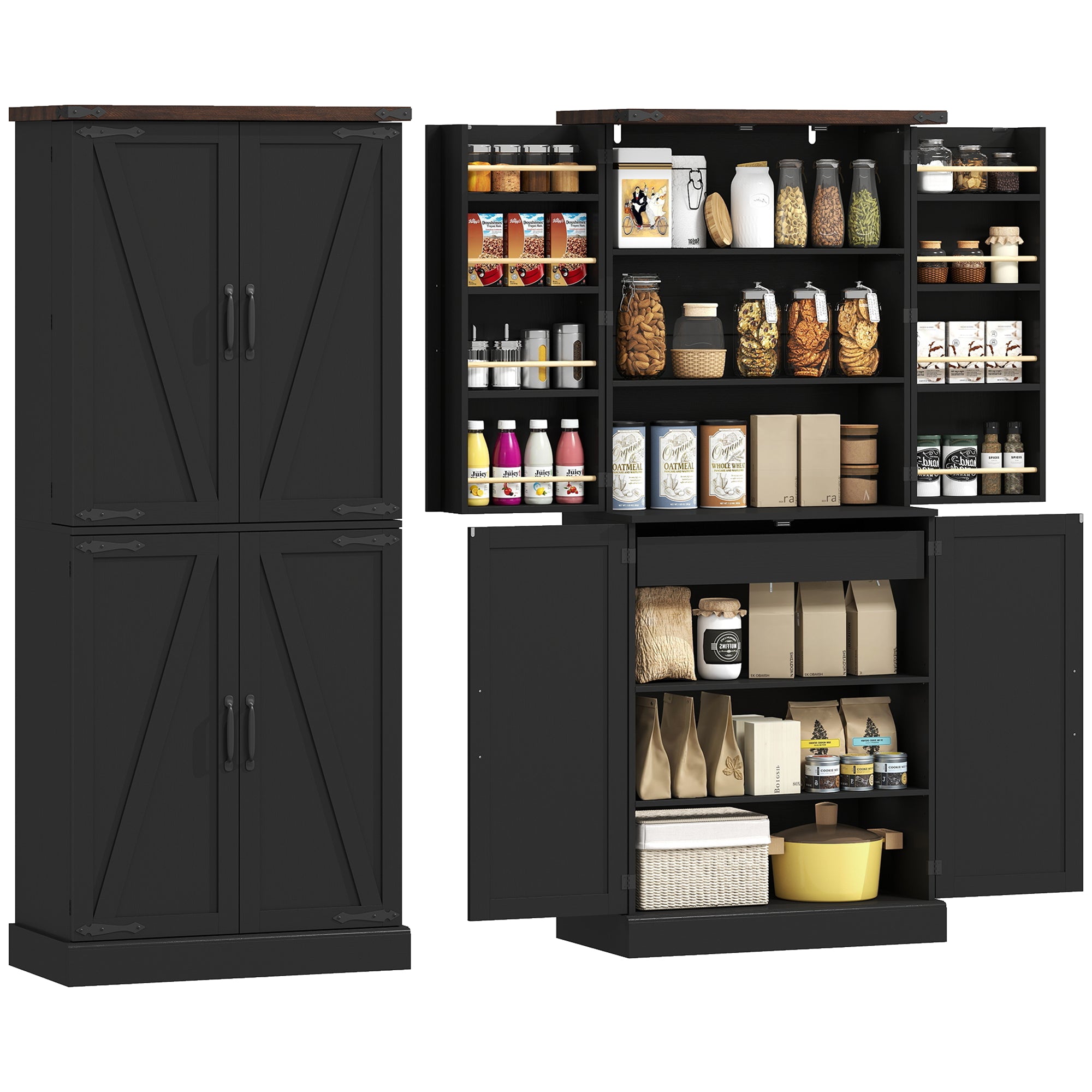 72" Tall Kitchen Pantry Cabinet, Farmhouse Storage Cabinet with 8 Door Racks and Drawer, Freestanding Food Pantry with Adjustable Shelves and Barn Doors, Black