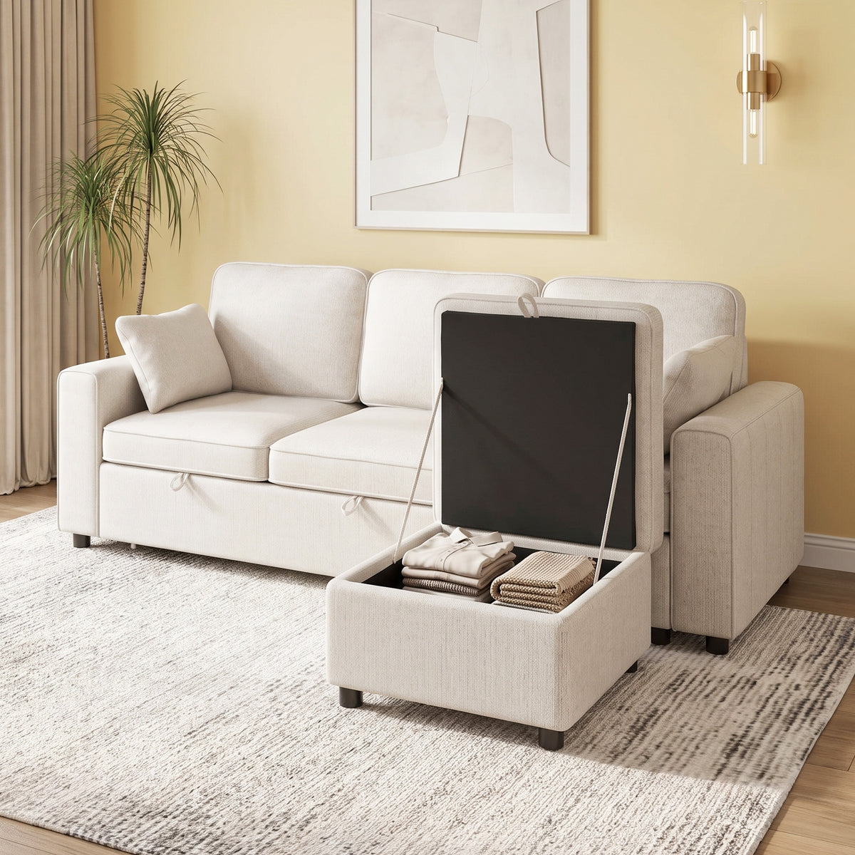 Modular Sectional Sofa Bed with Reversible Storage Ottoman, Chenille Pull Out Sleeper Sofa with Spring Cushion, Wide and Deep Seat, 3 Seater Couch for Living Room, Beige
