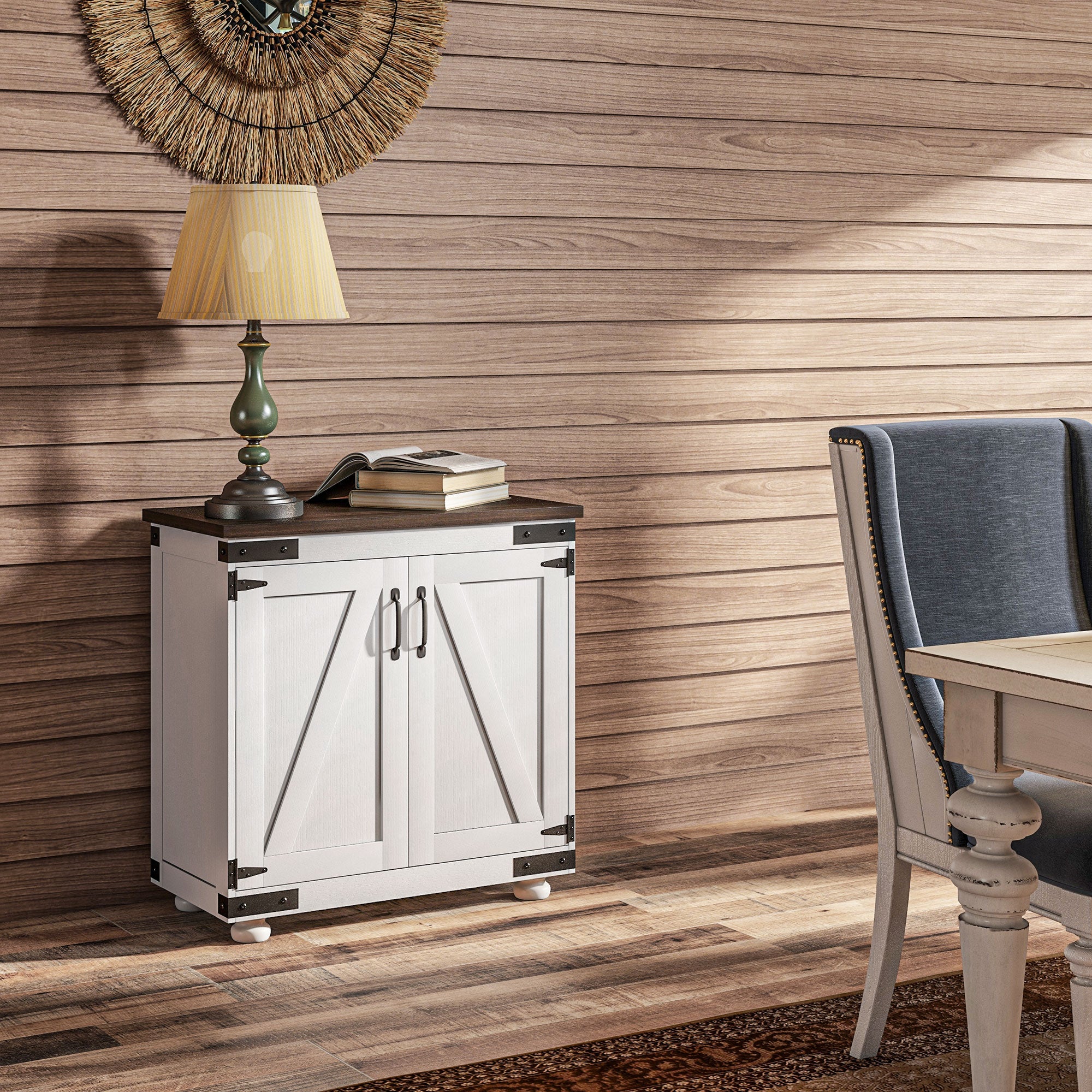 Kitchen Sideboard, Buffet Cabinet with Barn Door and Adjustable Shelf, Distressed White and Brown