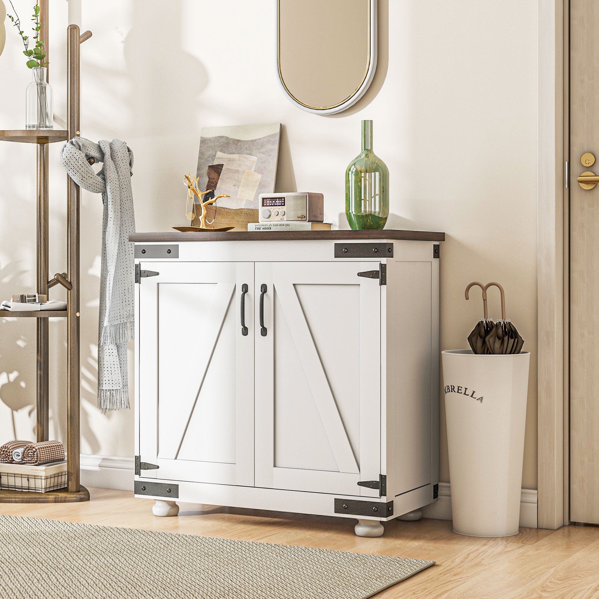 Kitchen Sideboard, Buffet Cabinet with Barn Door and Adjustable Shelf, Distressed White and Brown