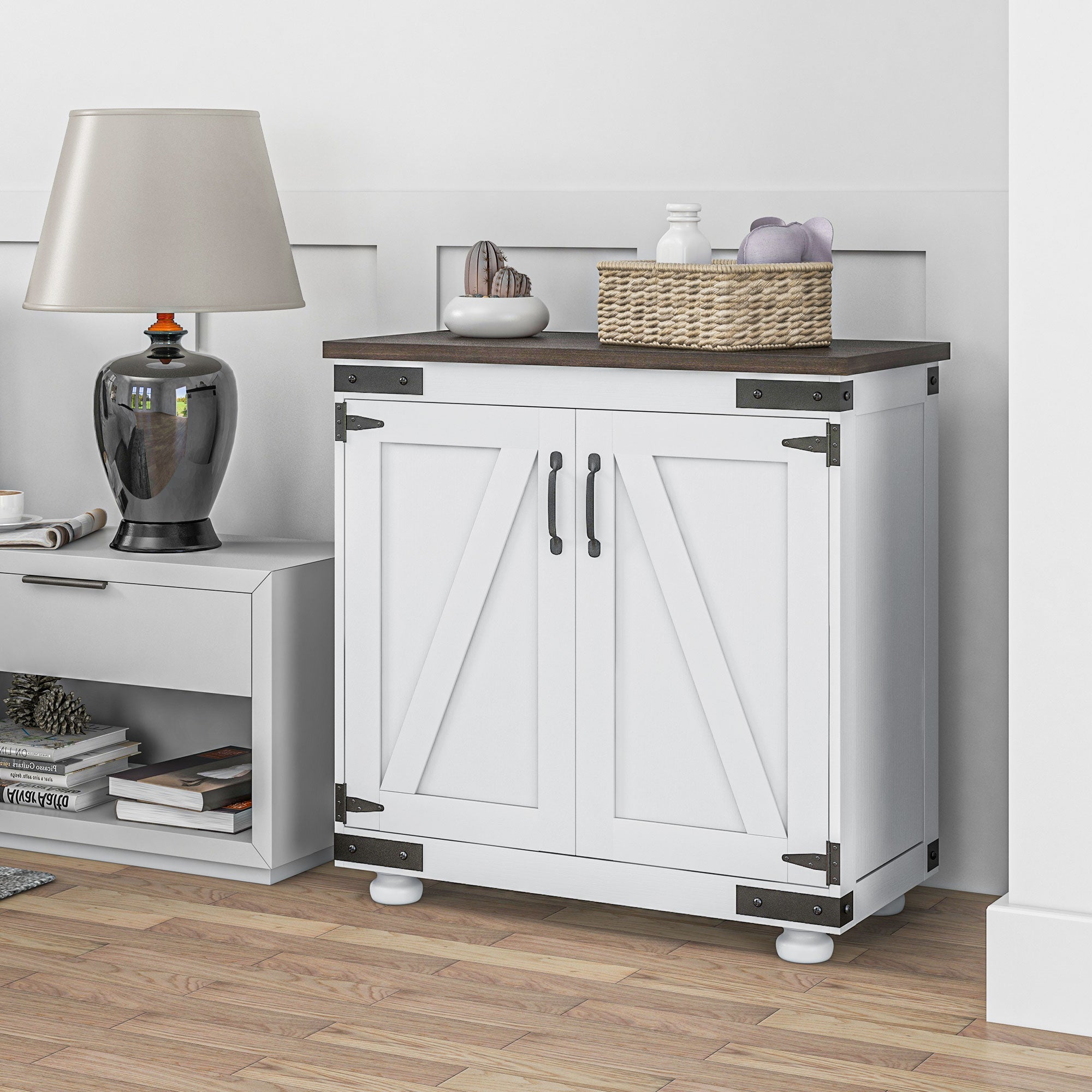 HOMCOM Floor Storage Cabinet, Sideboard Buffet with Barn Door and Adjustable Shelves, Kitchen Pantry Cabinet, Distressed White and Brown