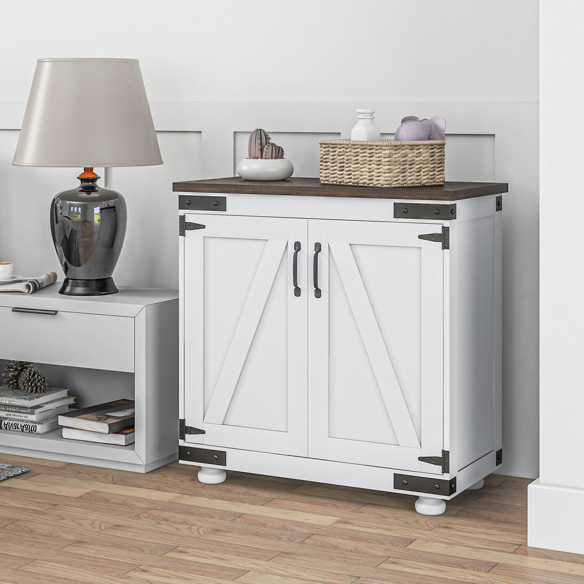 Kitchen Sideboard, Buffet Cabinet with Barn Door and Adjustable Shelf, Distressed White and Brown