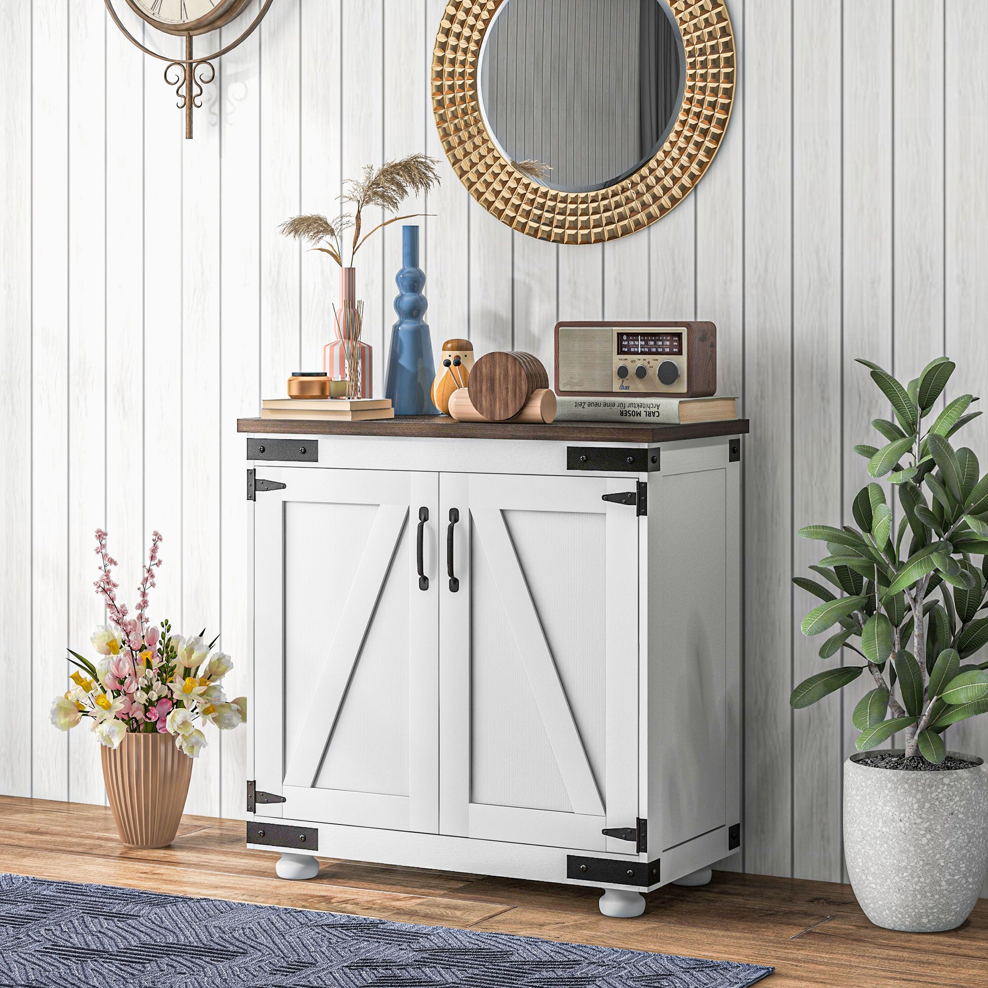 Kitchen Sideboard, Buffet Cabinet with Barn Door and Adjustable Shelf, Distressed White and Brown