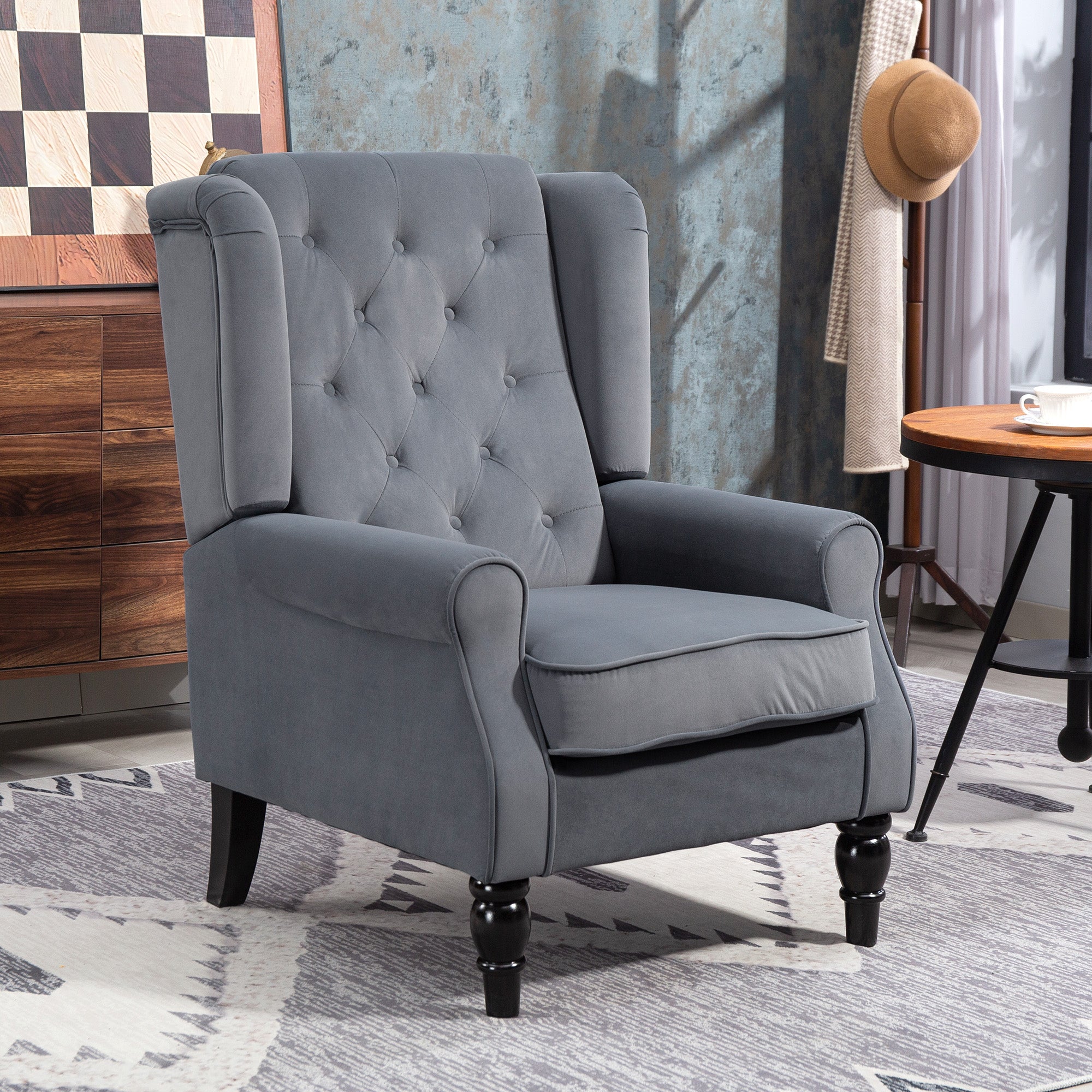 Retro Accent Chair, Velvet Wingback Armchair with Wood Frame Button Tufted Design for Living Room Bedroom, Grey