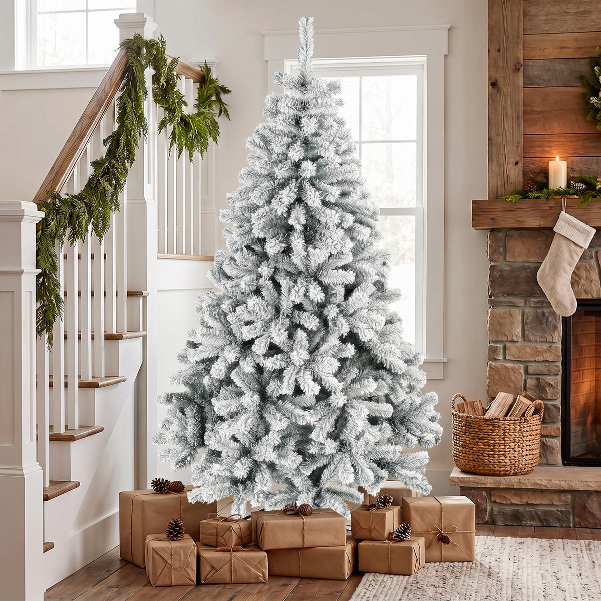 7ft Snow Flocked Christmas Tree with 1000 Branch Tips, Easy-Assembly Hinged Design, Artificial Full Fir Xmas Tree with Steel Stand for Home Office Holiday, Green and White