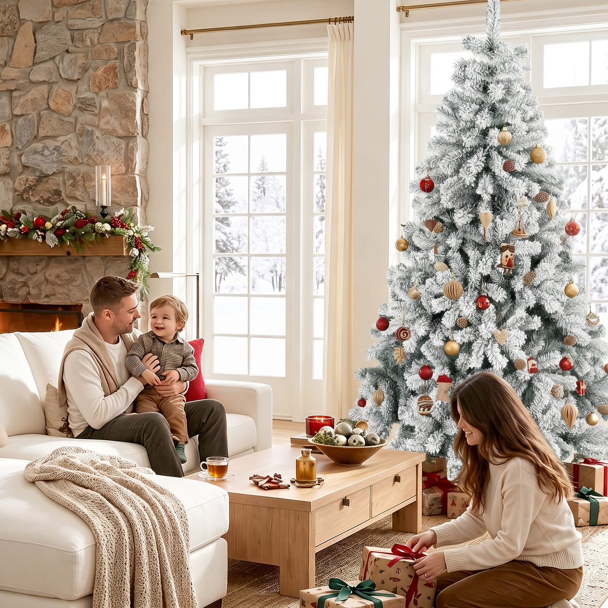 7ft Snow Flocked Christmas Tree with 1000 Branch Tips, Easy-Assembly Hinged Design, Artificial Full Fir Xmas Tree with Steel Stand for Home Office Holiday, Green and White