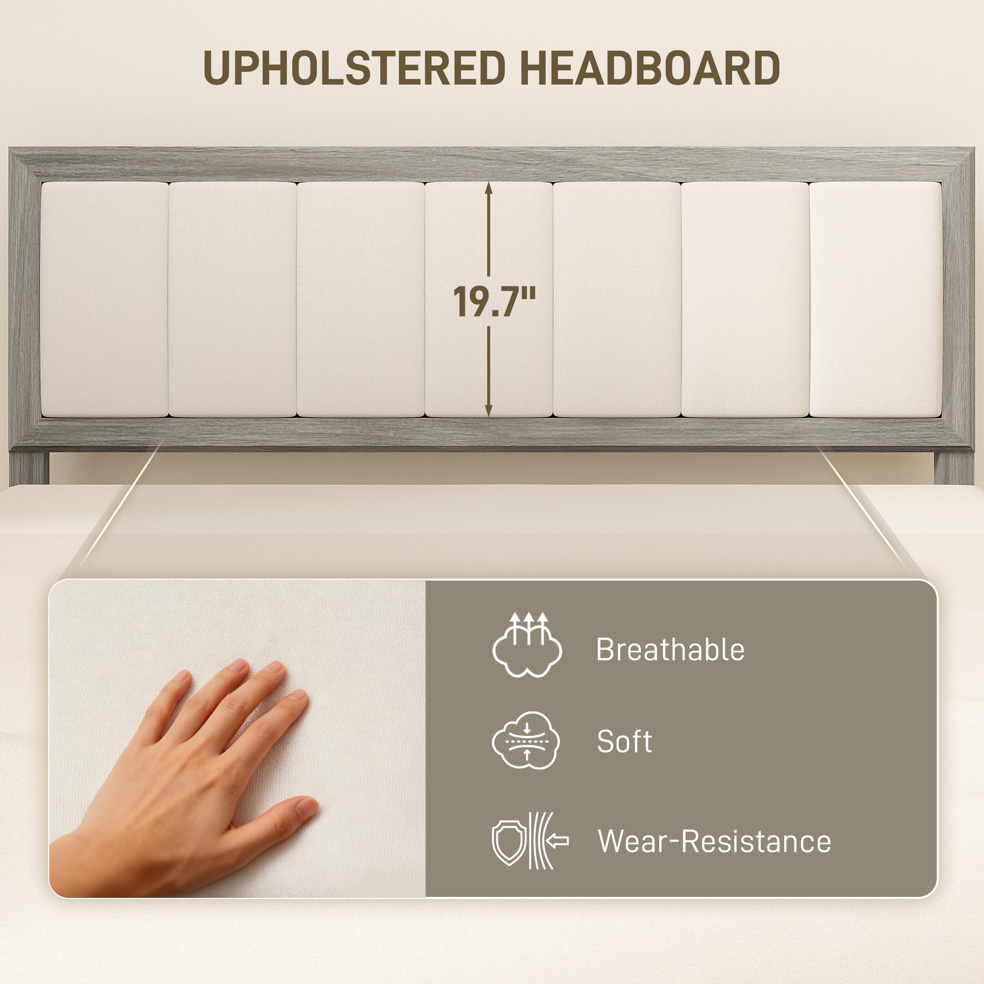 Queen Size Bed Frame with Upholstered Headboard, Platform Bed Frame with Wooden Slats, No Box Spring Needed, Easy Assembly, Gray