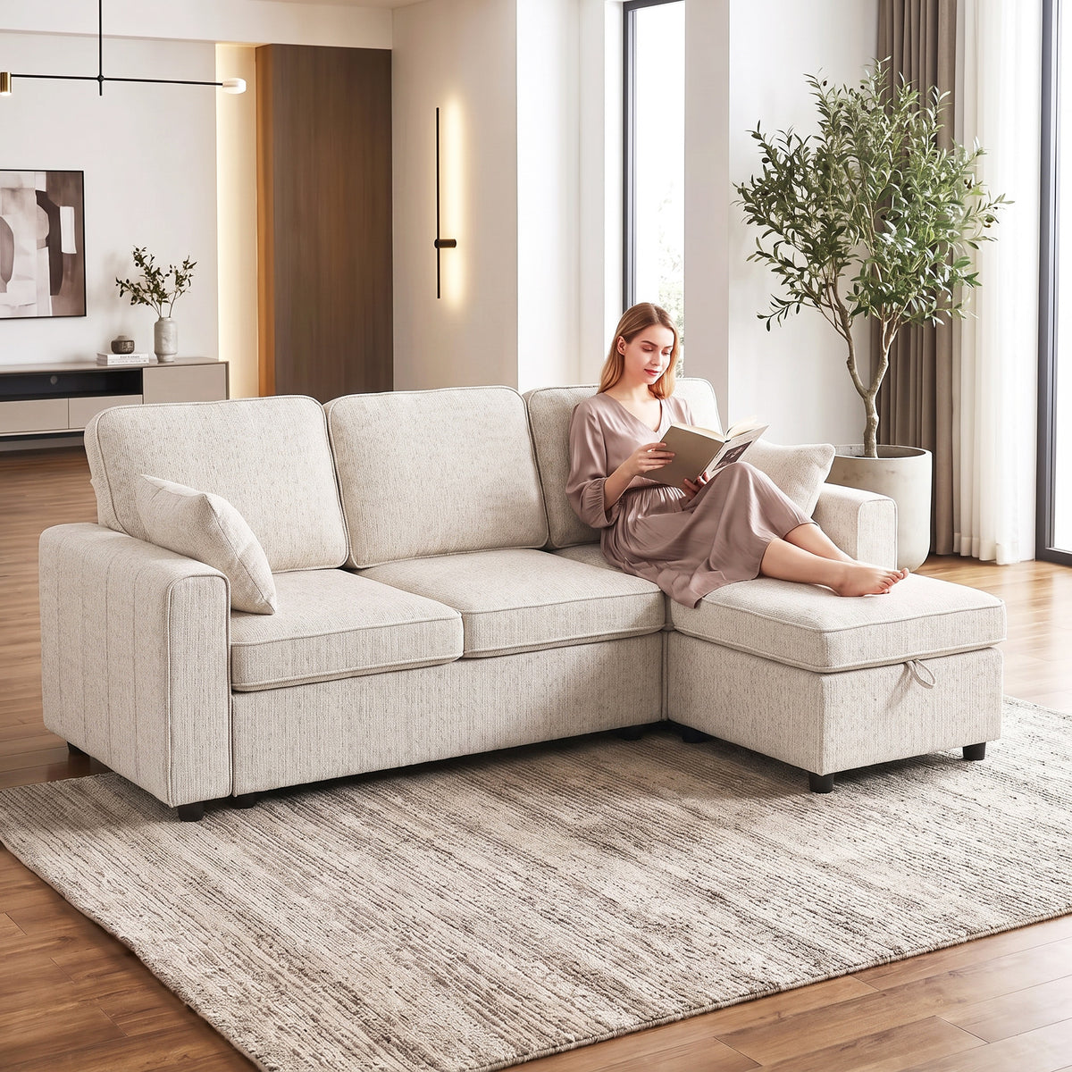 Modular Sectional Sofa Bed with Reversible Storage Ottoman, Chenille Pull Out Sleeper Sofa with Spring Cushion, Wide and Deep Seat, 3 Seater Couch for Living Room, Beige