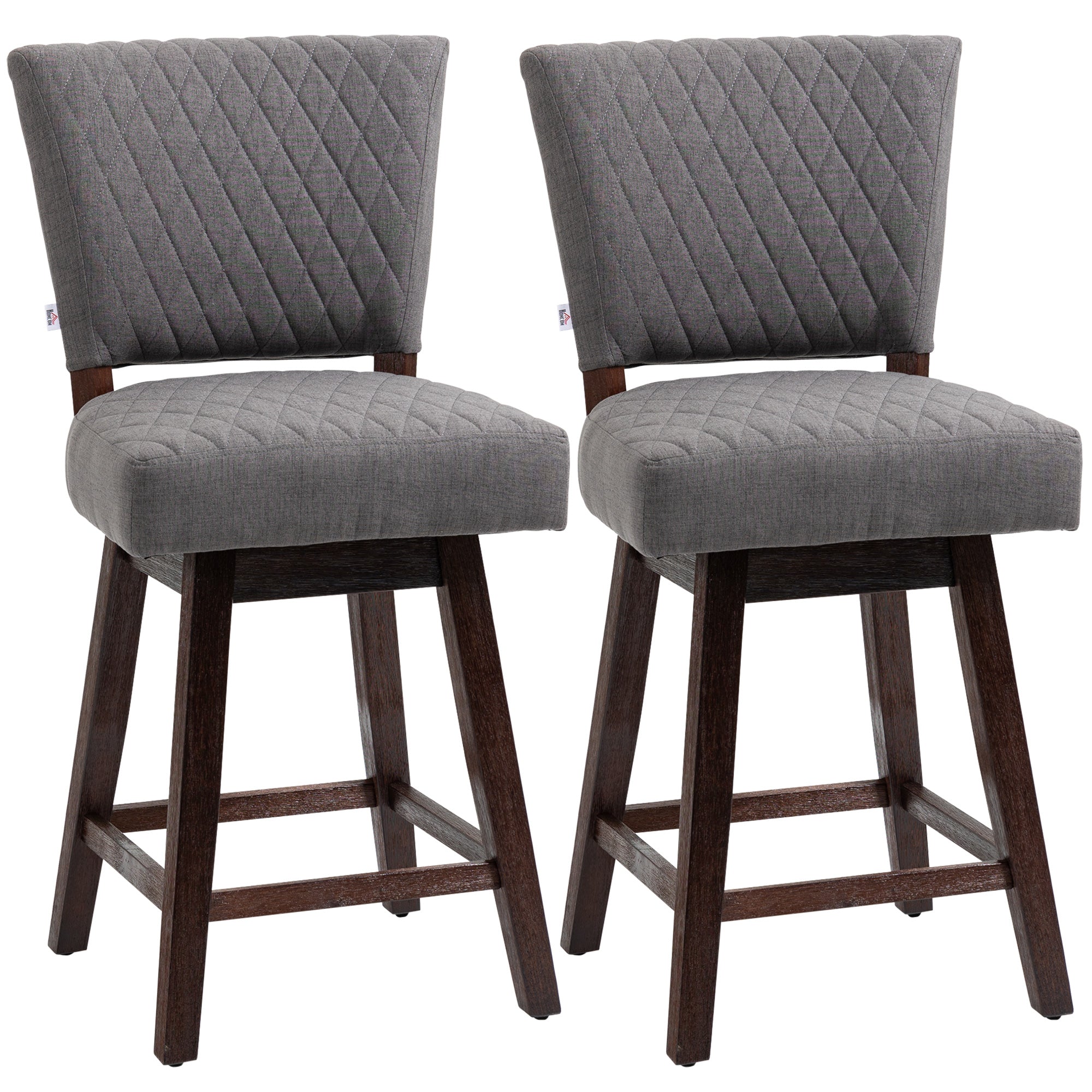 HOMCOM Swivel Bar Stools Set of 2, Counter Height Barstools with Back, Rubber Wood Legs and Footrests, for Kitchen, Dining Room, Pub, Dark Grey