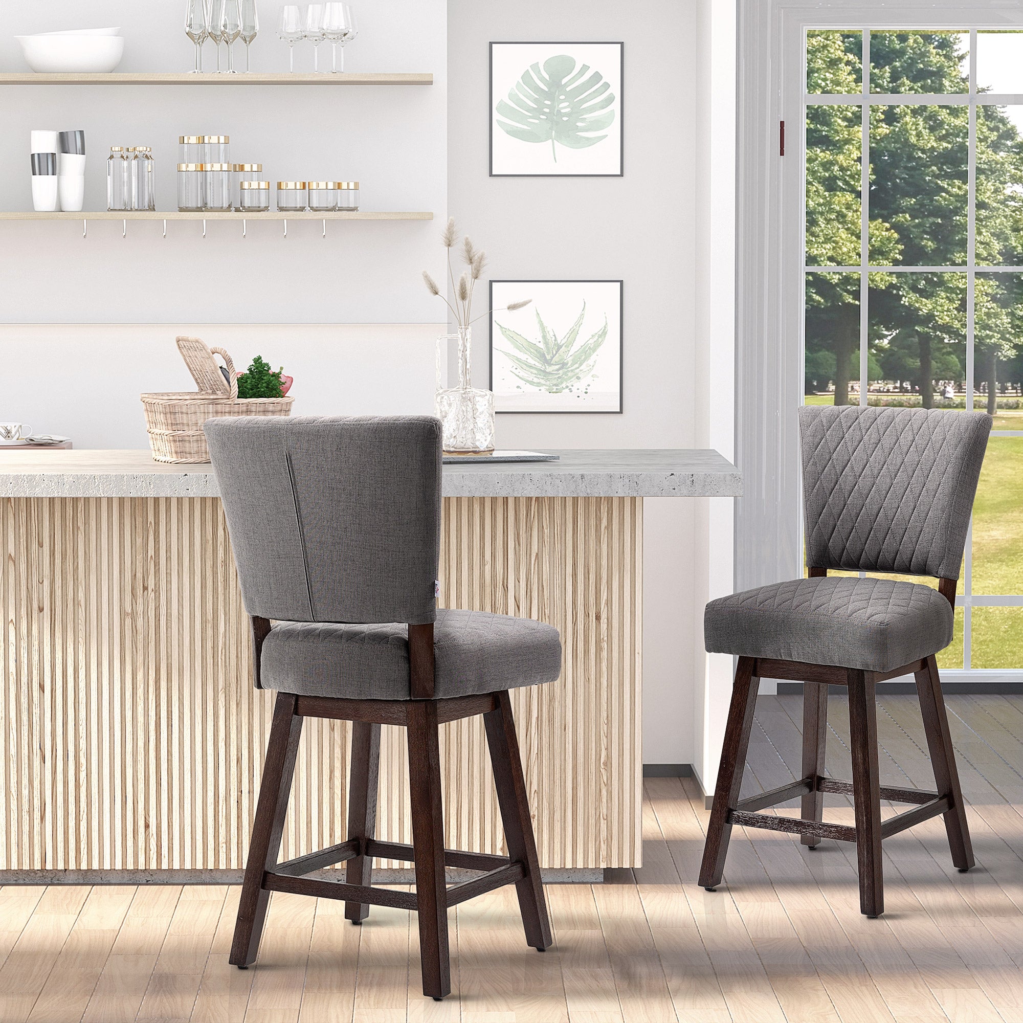 HOMCOM Swivel Bar Stools Set of 2, Counter Height Barstools with Back, Rubber Wood Legs and Footrests, for Kitchen, Dining Room, Pub, Dark Grey