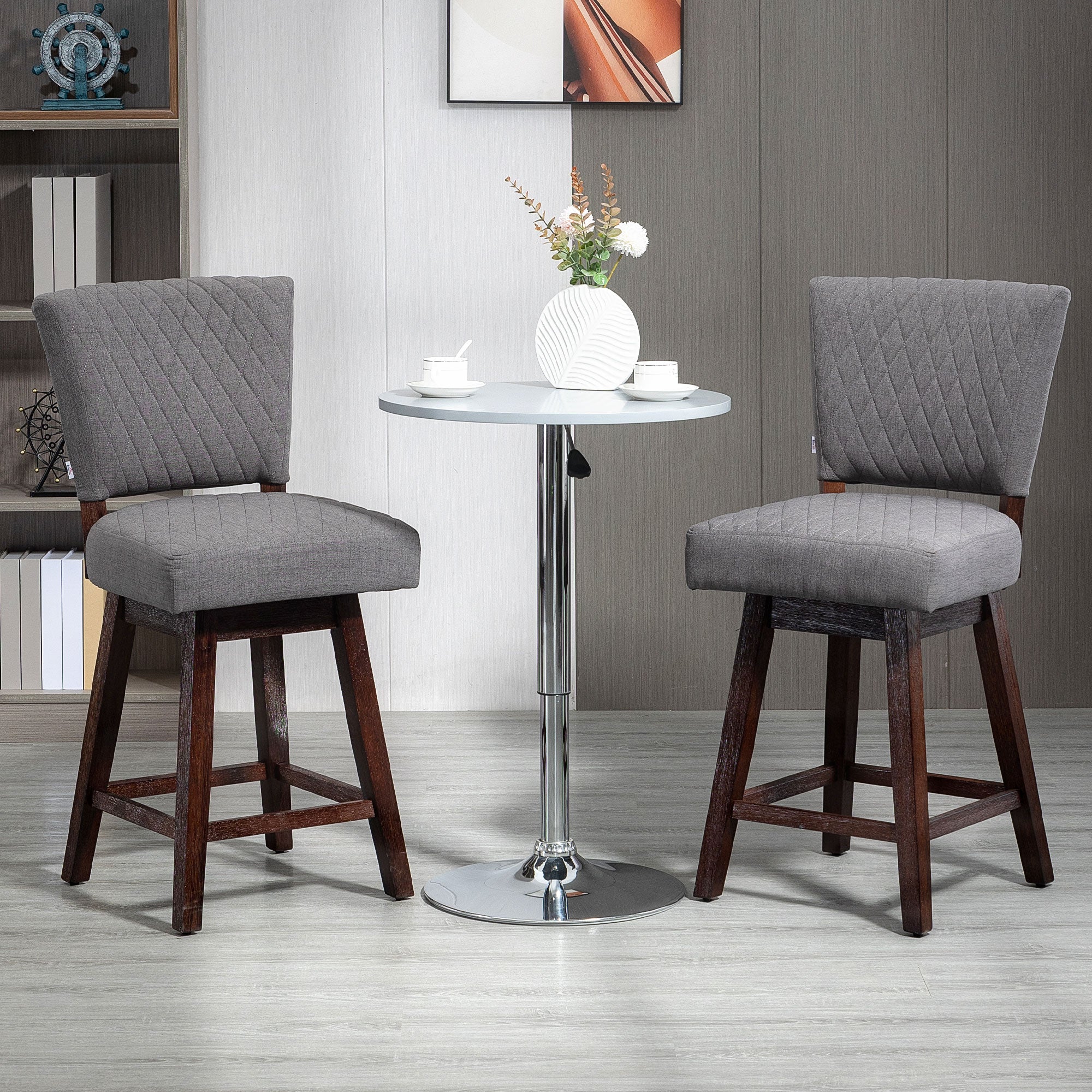 Set of 2 Swivel Counter Height Bar Stools with Footrest Dark Grey