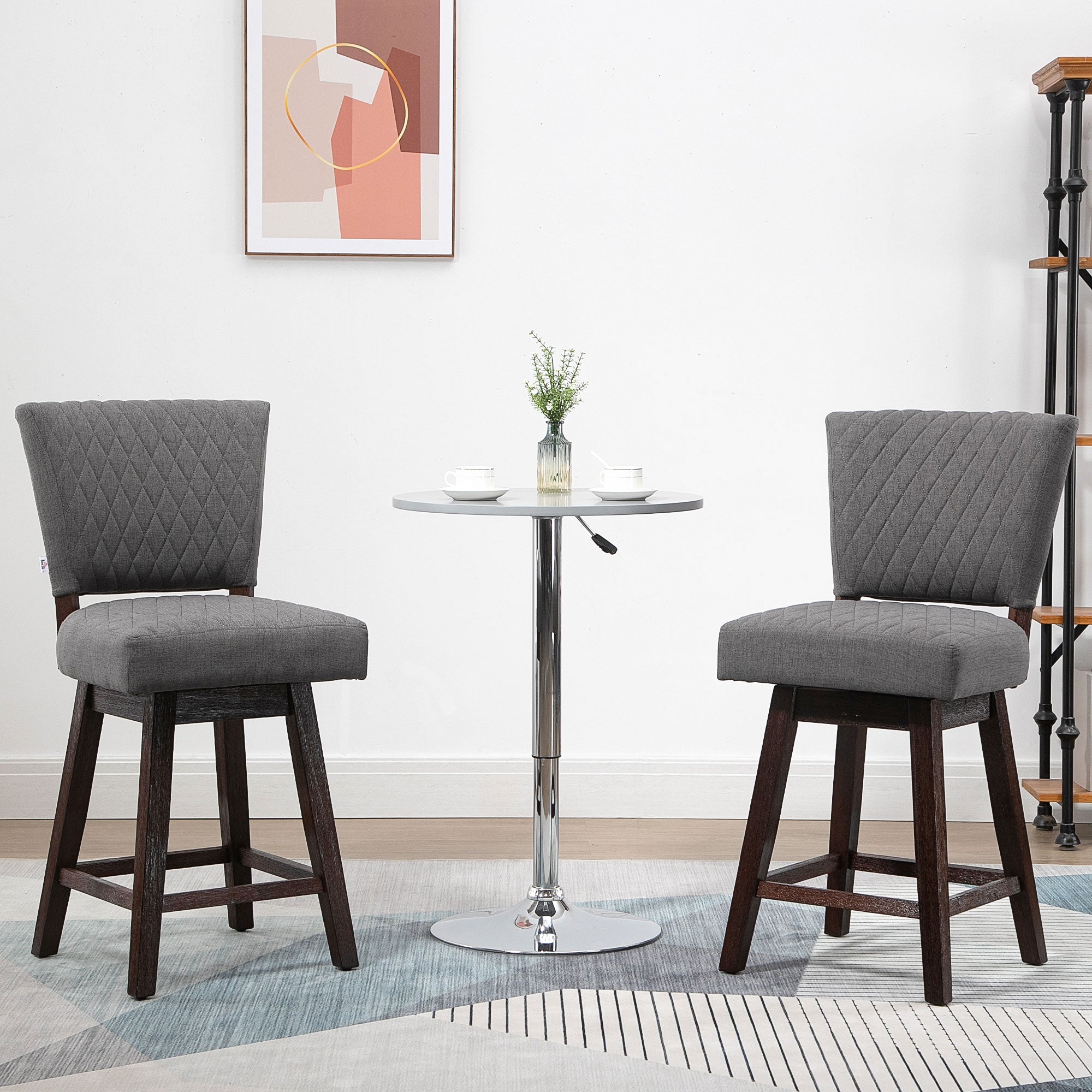 Set of 2 Swivel Counter Height Bar Stools with Footrest Dark Grey