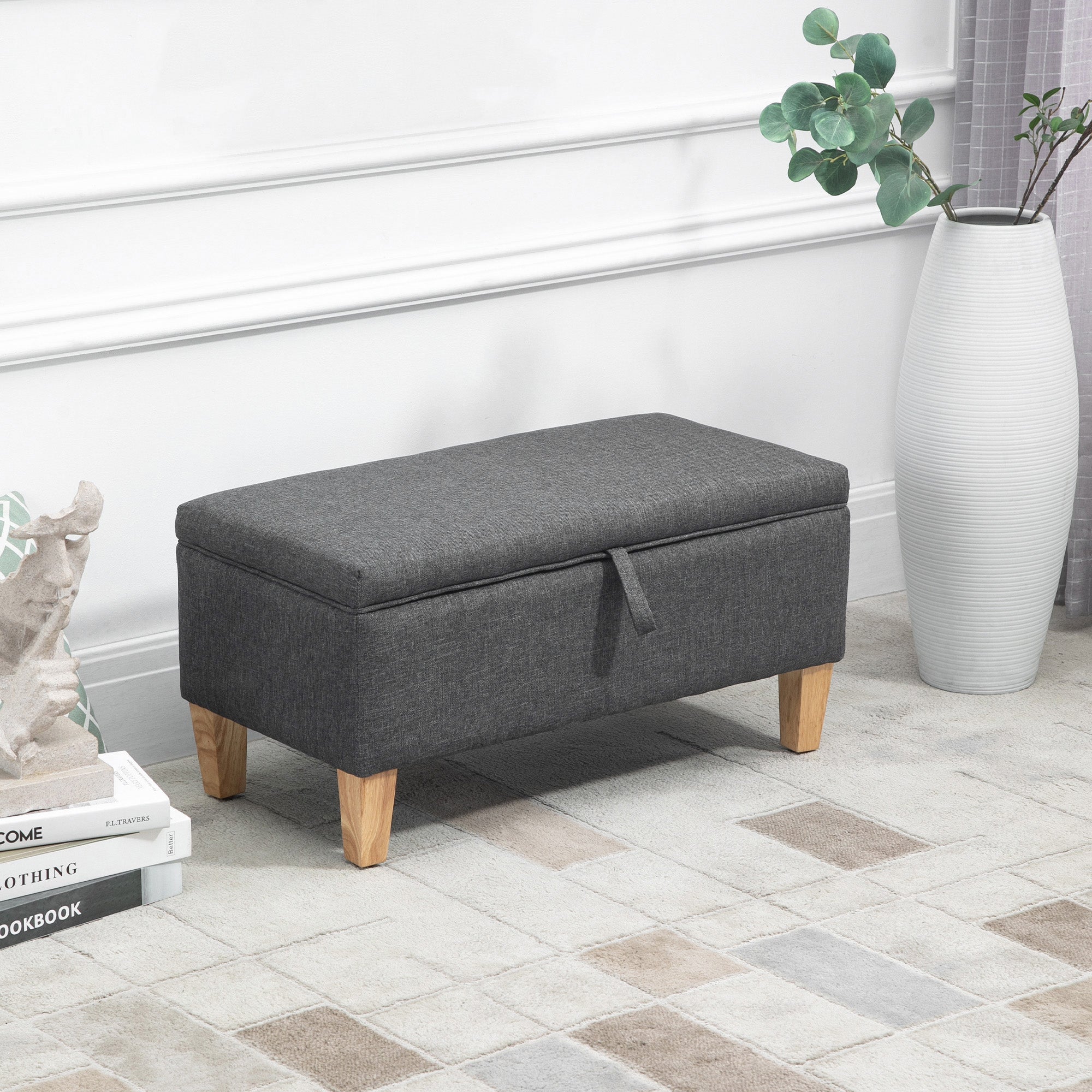 HOMCOM Linen Storage Ottoman Padded Footstool with Rubberwood Legs Ideal for Bed End, Shoe Bench, Seating, Dark Grey