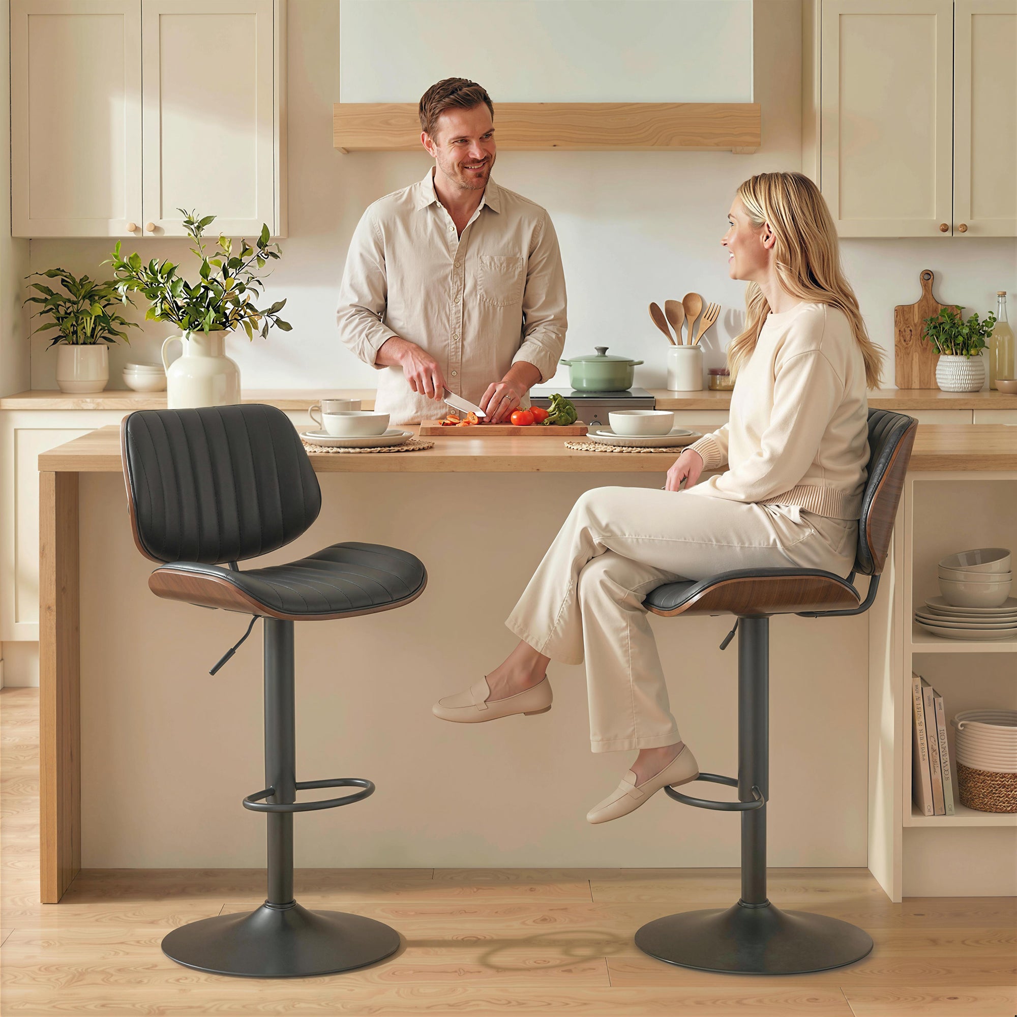 Bar Stools Set of 2, Mid-Century Modern Swivel Counter Height Barstools with Back, Adjustable Height, Footrest, PU Leather Bar Chairs for Kitchen Island Dining Room, Black