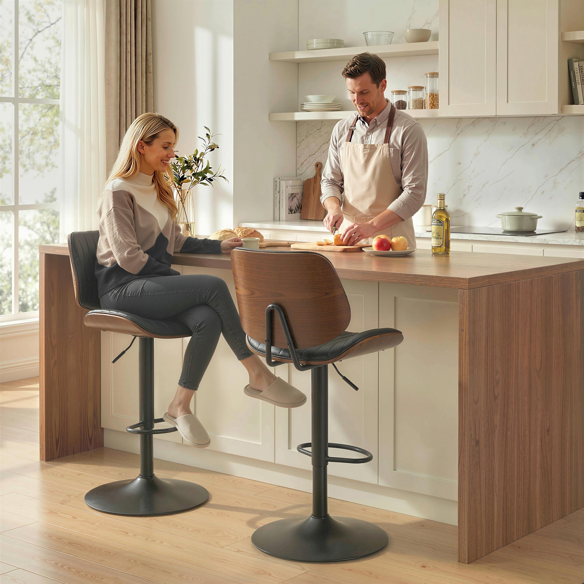 Bar Stools Set of 2, Mid-Century Modern Swivel Counter Height Barstools with Back, Adjustable Height, Footrest, PU Leather Bar Chairs for Kitchen Island Dining Room, Black