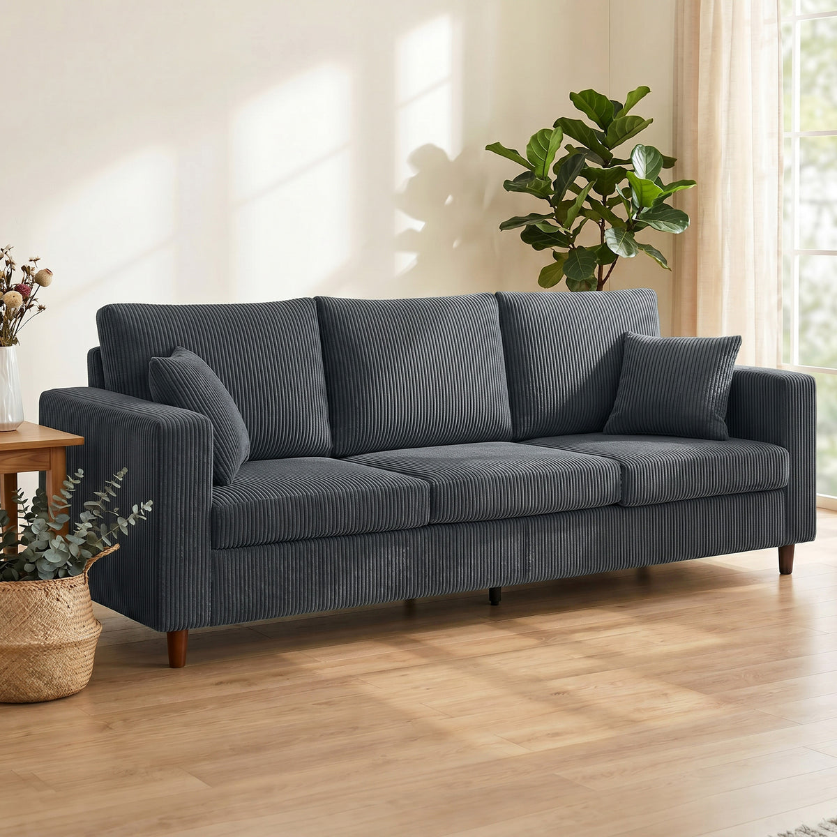99" Corduroy Couch, Modern 3 Seater Sofa with Wide Deep Seat, Wide Armrests, Spring Cushion, Thick Padded, Solid Wood Legs, Fabric Sofa for Living Room, Dark Grey