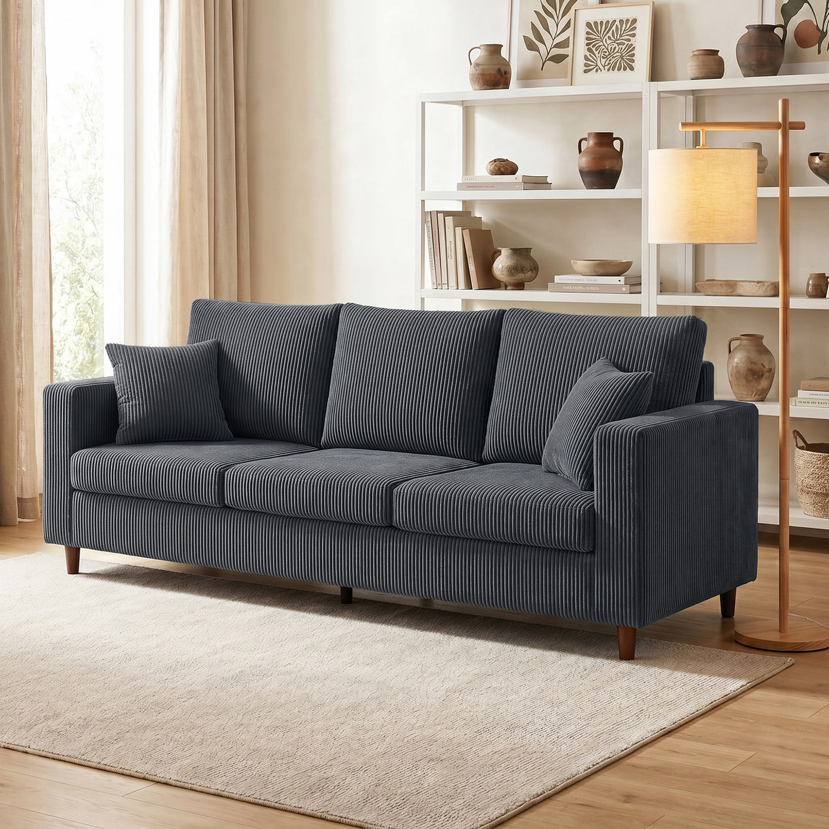 99" Corduroy Couch, Modern 3 Seater Sofa with Wide Deep Seat, Wide Armrests, Spring Cushion, Thick Padded, Solid Wood Legs, Fabric Sofa for Living Room, Dark Grey