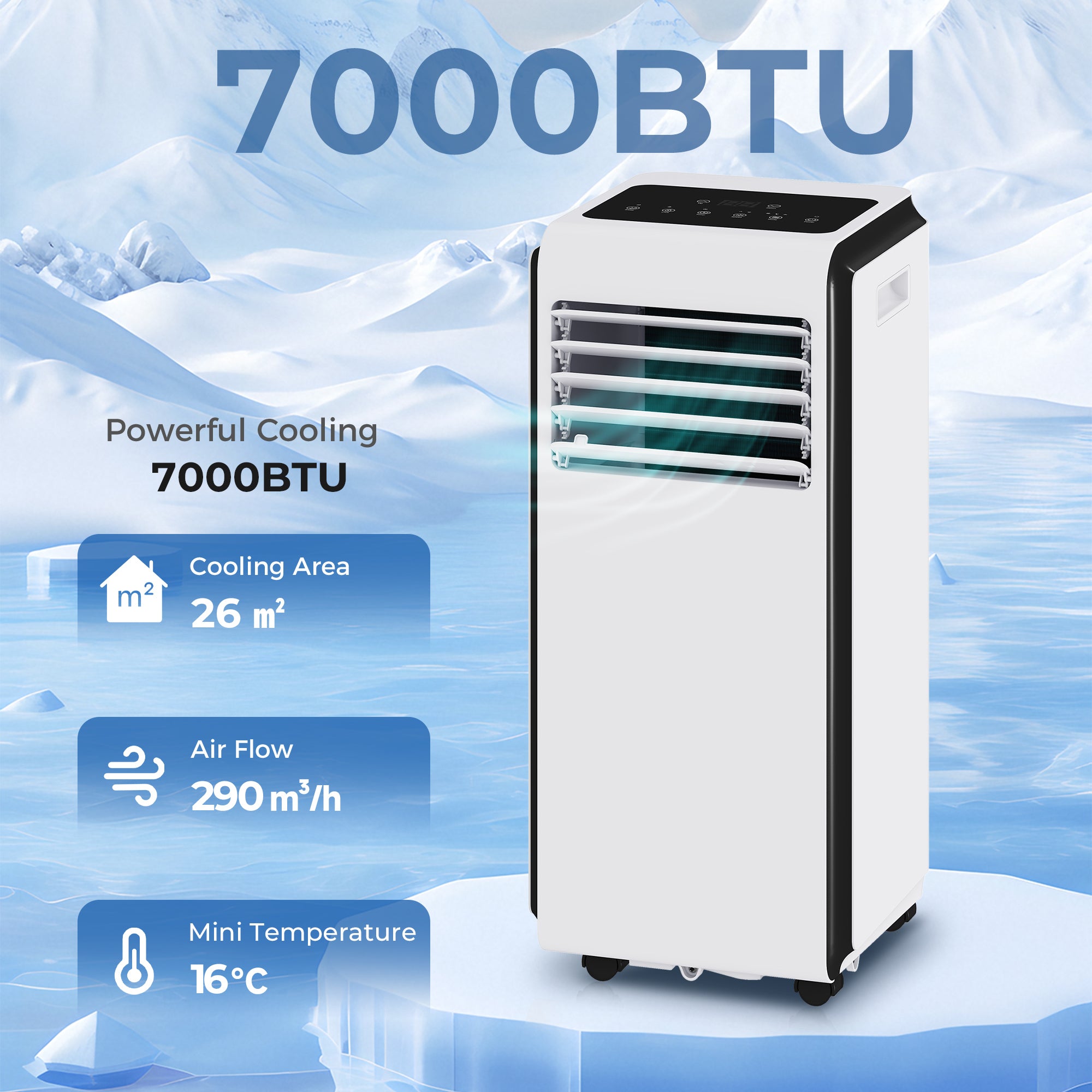 Portable Air Conditioner 7000 BTU, 4-in-1 Air Conditioning Unit with Cooling, Dehumidifier, Fan, Sleep Mode, Remote Control, 24H Timer, 2 Speeds, Child Lock, Window Kit, for Room up to 26 m²