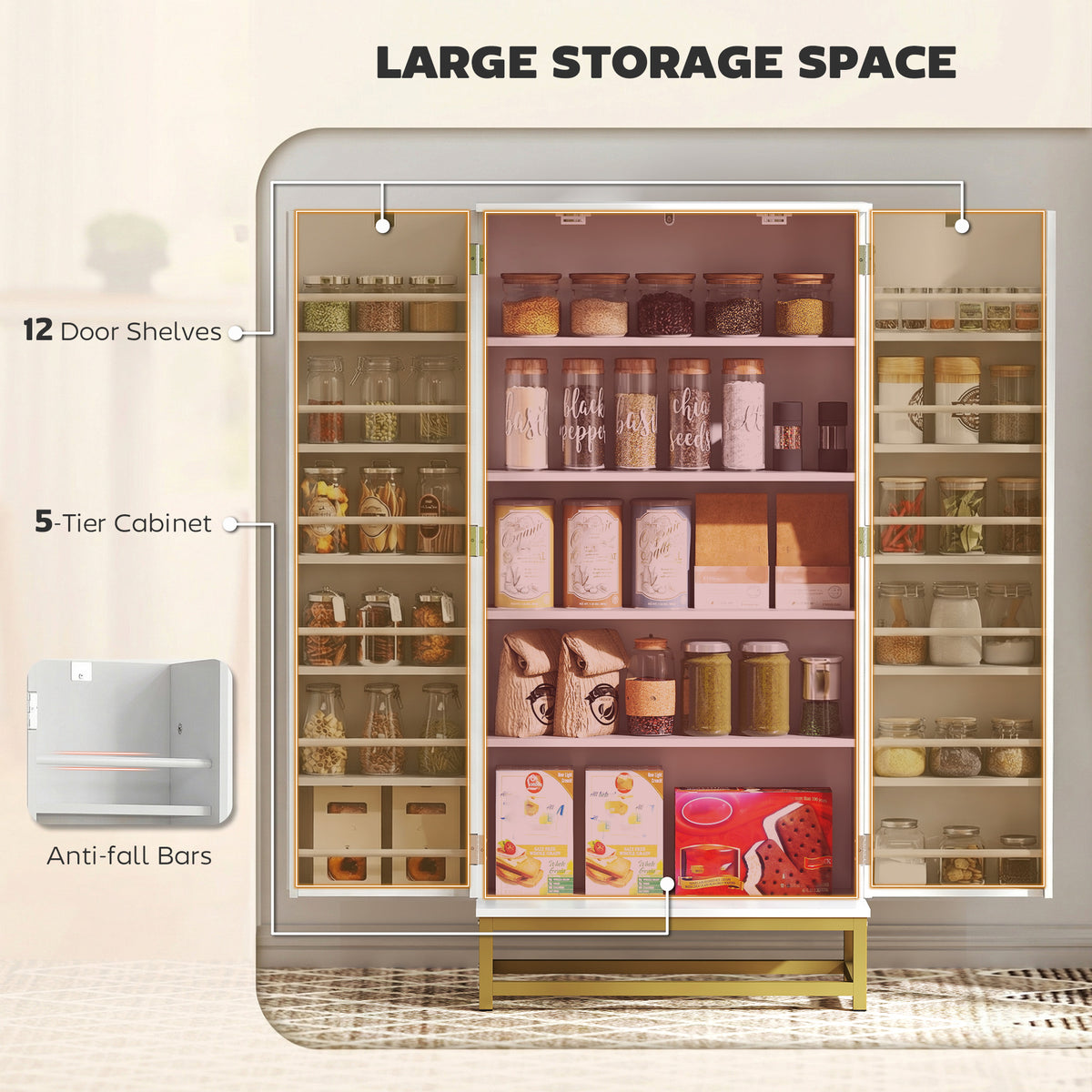 47" Kitchen Pantry Cabinet, Modern Freestanding Buffet Storage Cabinet with 12 Door Shelves, Adjustable Shelves and Beadboard Doors, White