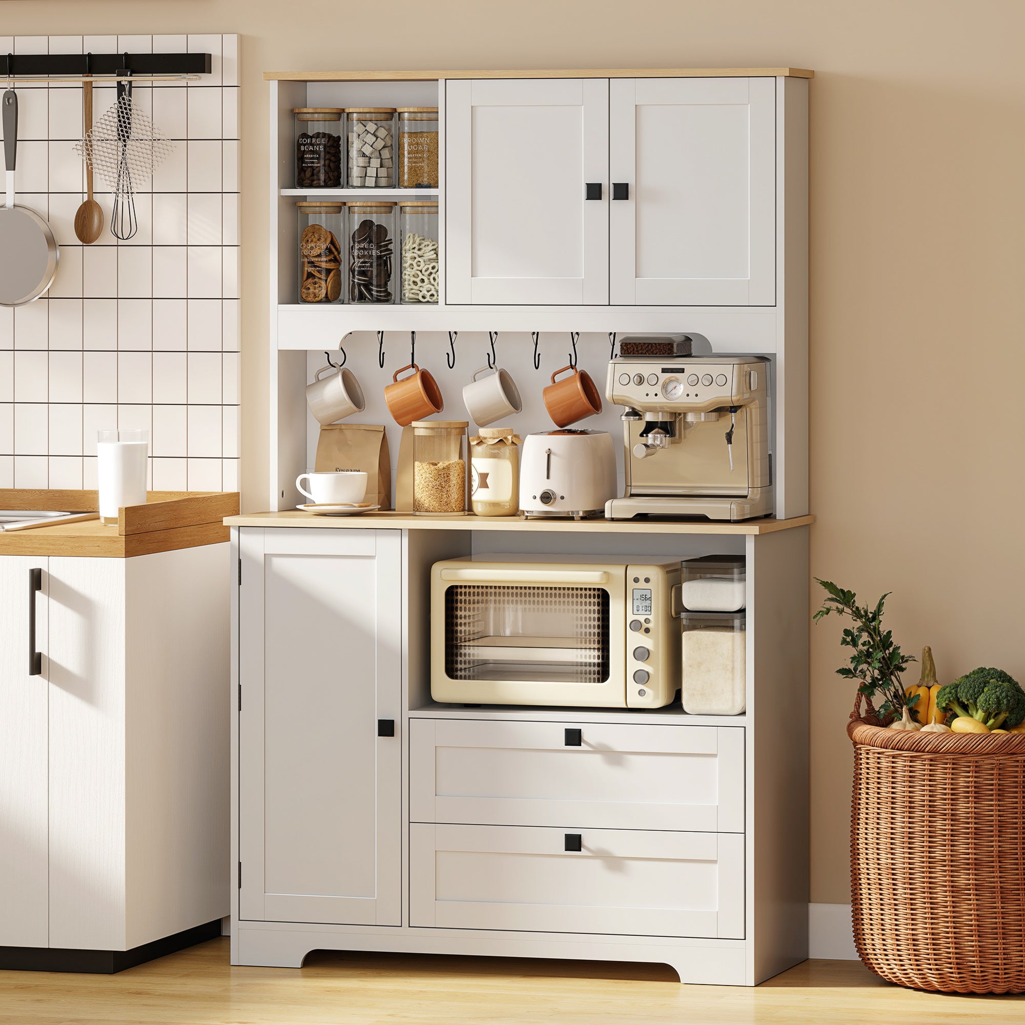 Kitchen Cupboard, Freestanding Kitchen Cabinet with 2 Cabinets, 2 Drawers, Open and Adjustable Shelves, Microwave Stand, Pantry Storage Cupboard for Dining Room and Living Room, White