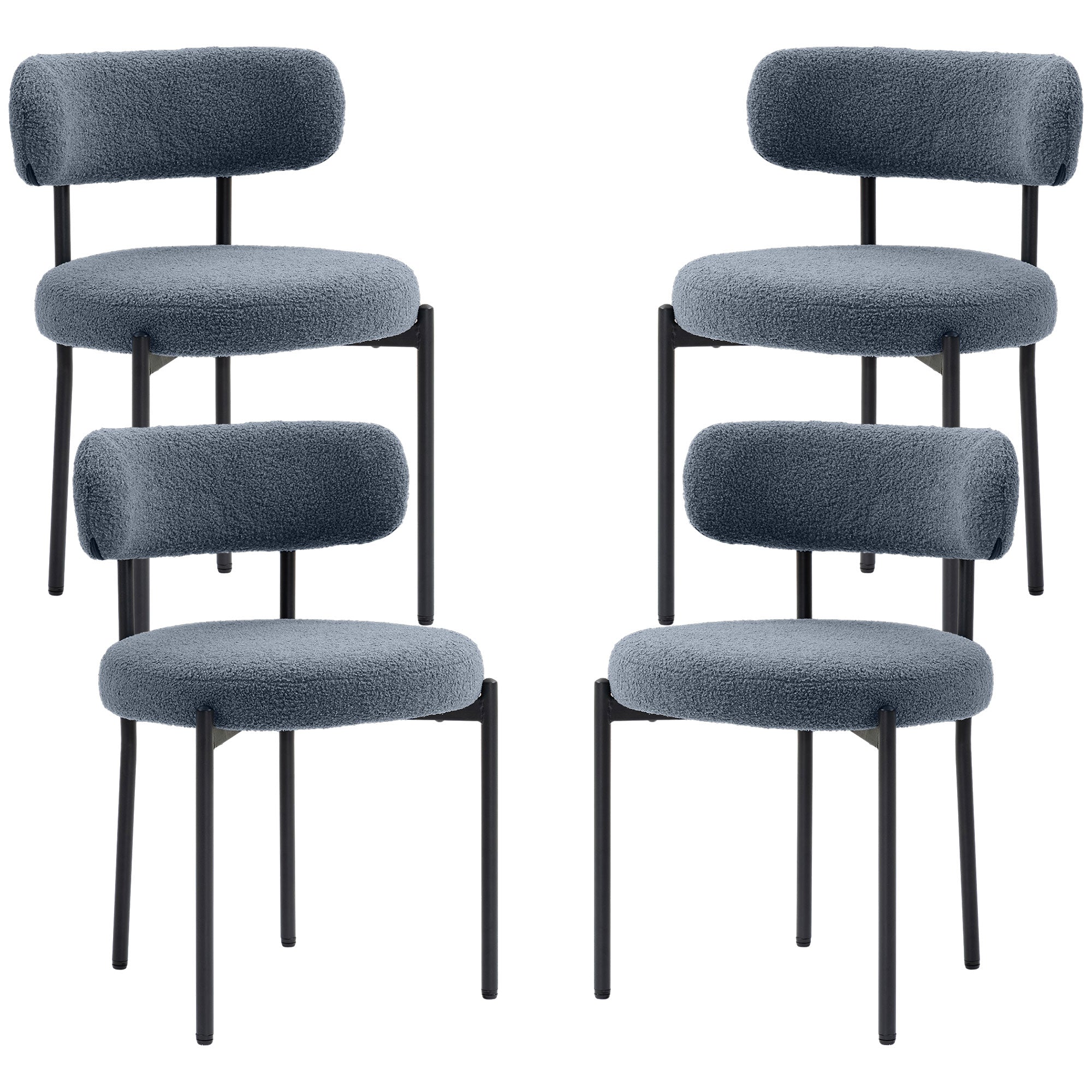 Boucle Dining Chairs Set of 4, Round Modern Upholstered Kitchen Chairs with Curved Backrest, Thick Cushion and Steel Legs for Dining Room, Gray