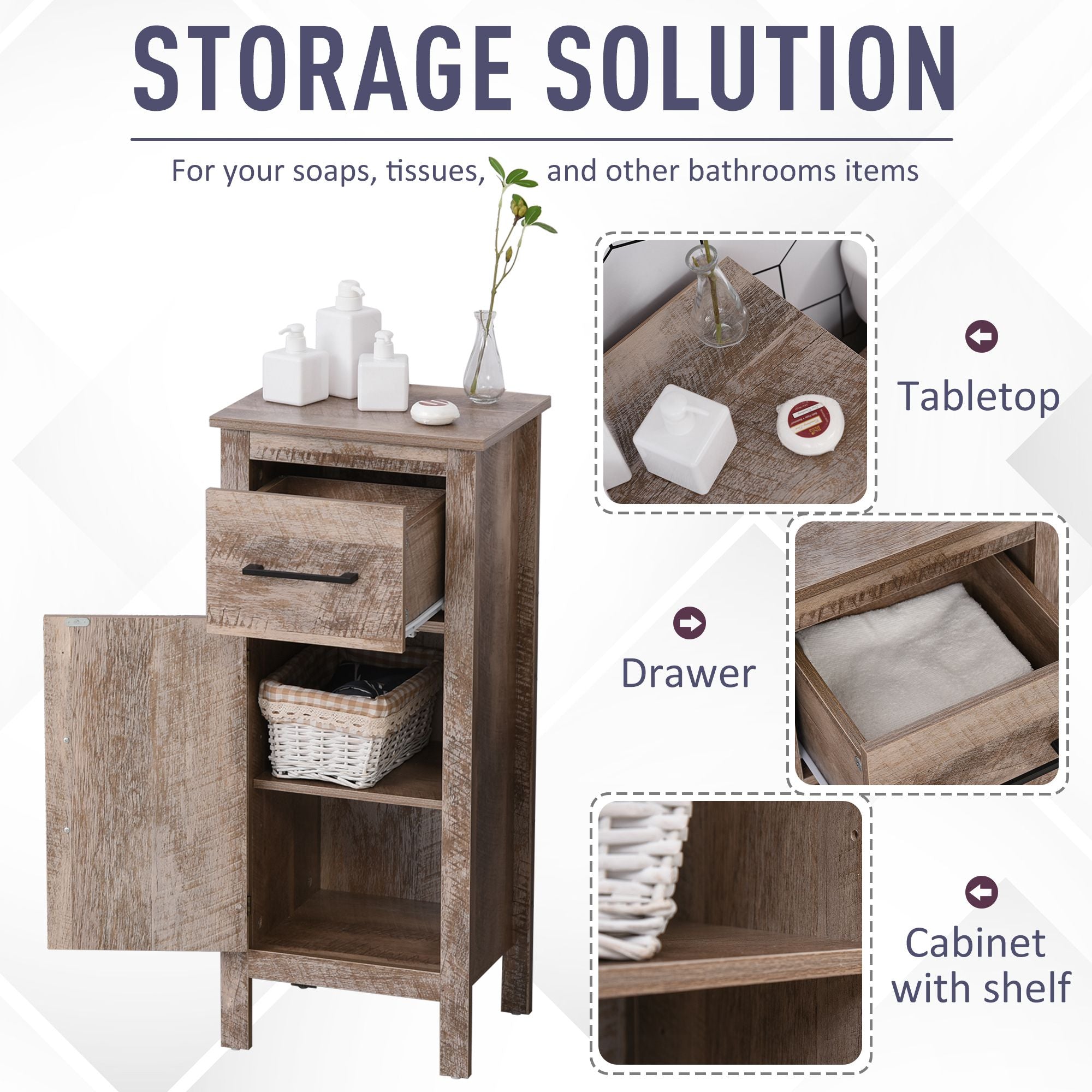 35" Bathroom Cabinet, Farmhouse Bathroom Storage Cabinet with Drawer and Adjustable Shelf, Freestanding Slim Storage Unit for Small Spaces, Distressed Wood Grain
