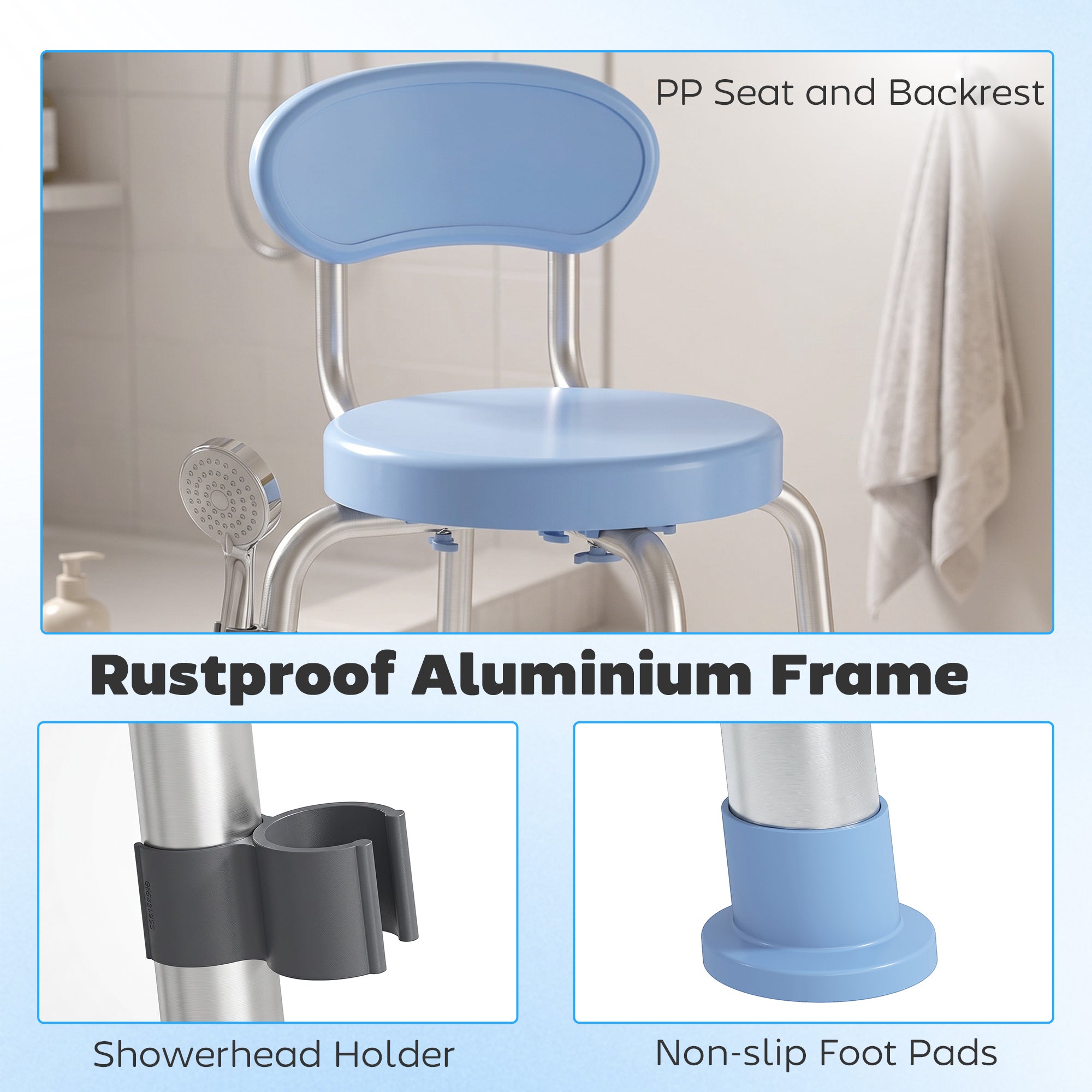 360° Swivel Shower Stool, Rotating Round Bath Seat Chair with Aluminium Frame, 5-Level Adjustable Height and Backrest, Non-Slip Shower Chair for Elderly, Disabled & Post-Surgery