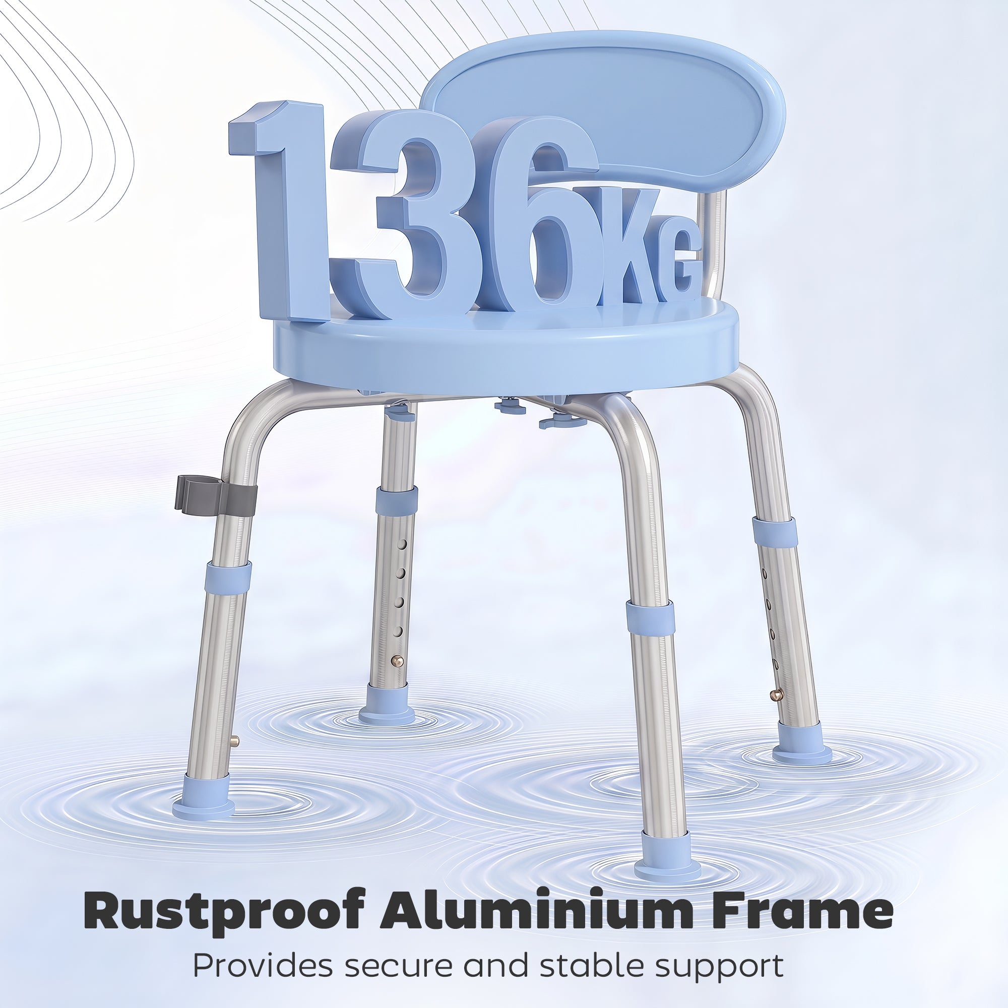 360° Swivel Shower Stool, Rotating Round Bath Seat Chair with Aluminium Frame, 5-Level Adjustable Height and Backrest, Non-Slip Shower Chair for Elderly, Disabled & Post-Surgery