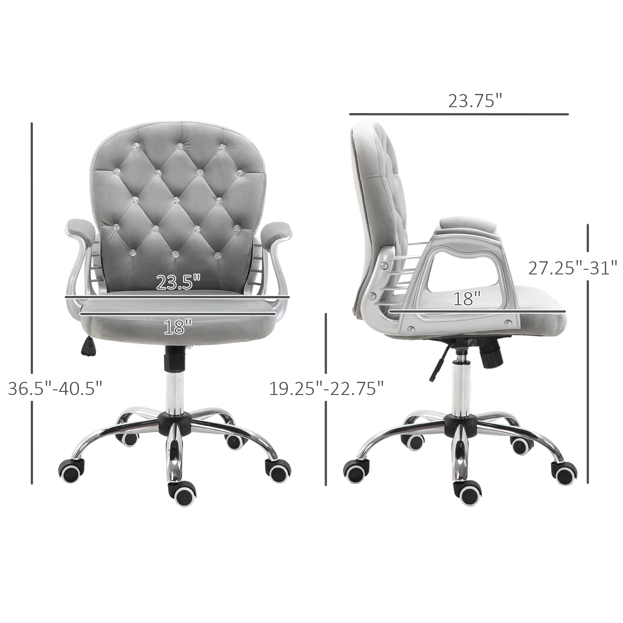 Velvet Home Office Chair, Button Tufted Desk Chair with Padded Armrests, Adjustable Height and Swivel Wheels, Gray