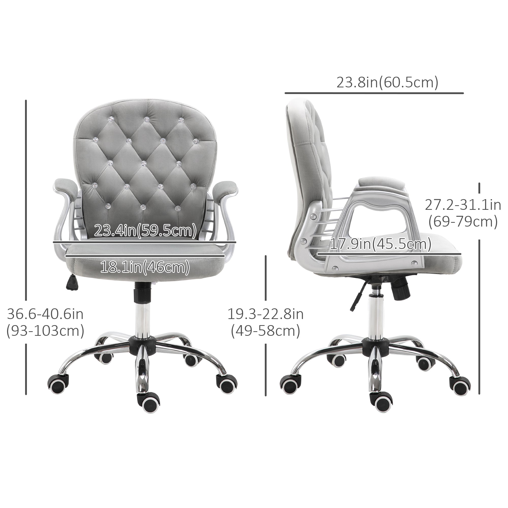 Vinsetto Velvet Vanity Office Chair, Button Tufted Swivel Chair with Adjustable Height, Padded Armrests and Tilt Function, Grey