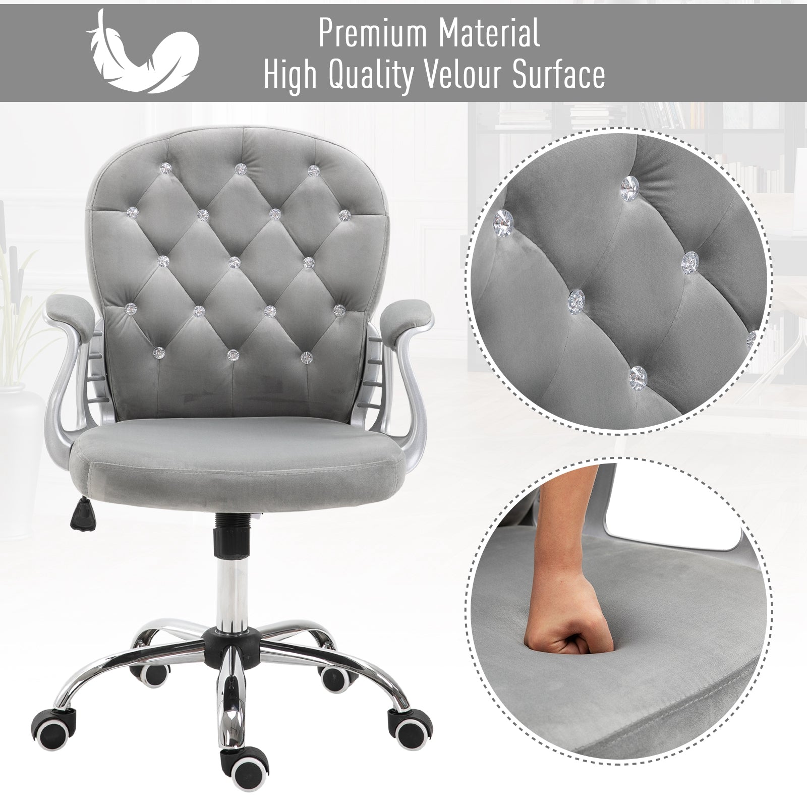 Vinsetto Velvet Vanity Office Chair, Button Tufted Swivel Chair with Adjustable Height, Padded Armrests and Tilt Function, Grey