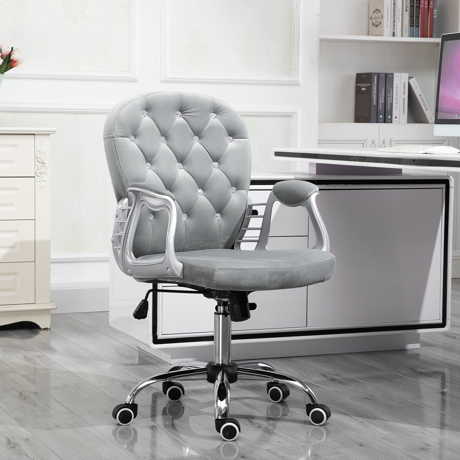 Vinsetto Velvet Vanity Office Chair, Button Tufted Swivel Chair with Adjustable Height, Padded Armrests and Tilt Function, Grey