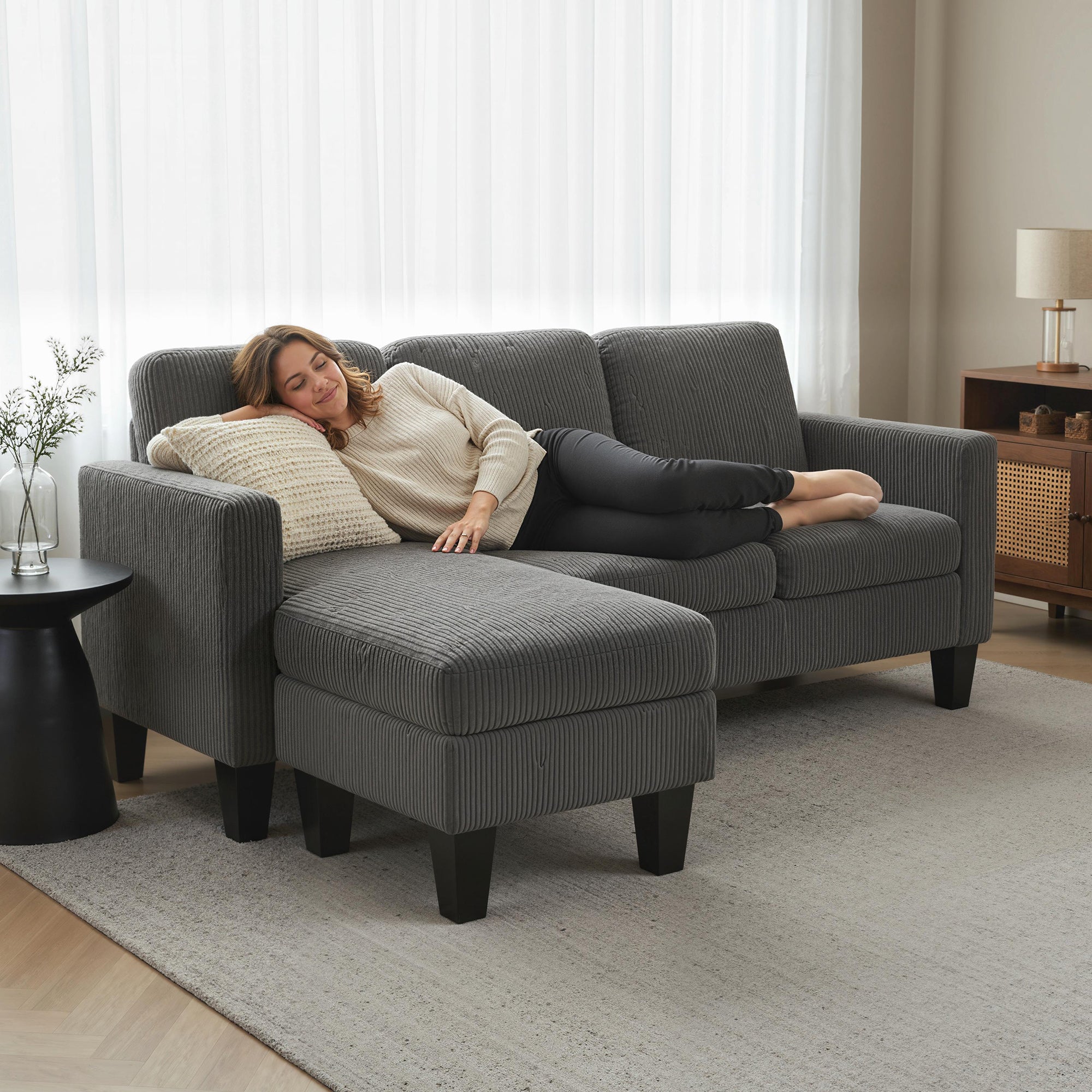 73" Sectional Sofa, L Shaped Couch with Reversible Chaise or Ottoman, Corduroy 3 Seat Sectional Couch for Living Room, Bedroom, Apartment, 2200lb Capacity, Dark Gray